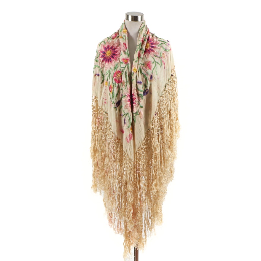 Floral Embroidered Cream Silk Piano Shawl, Early 20th Century