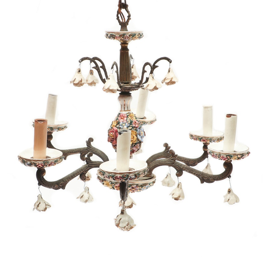 Capodimonte Style Six Arm Chandelier, Early to Mid 20th Century