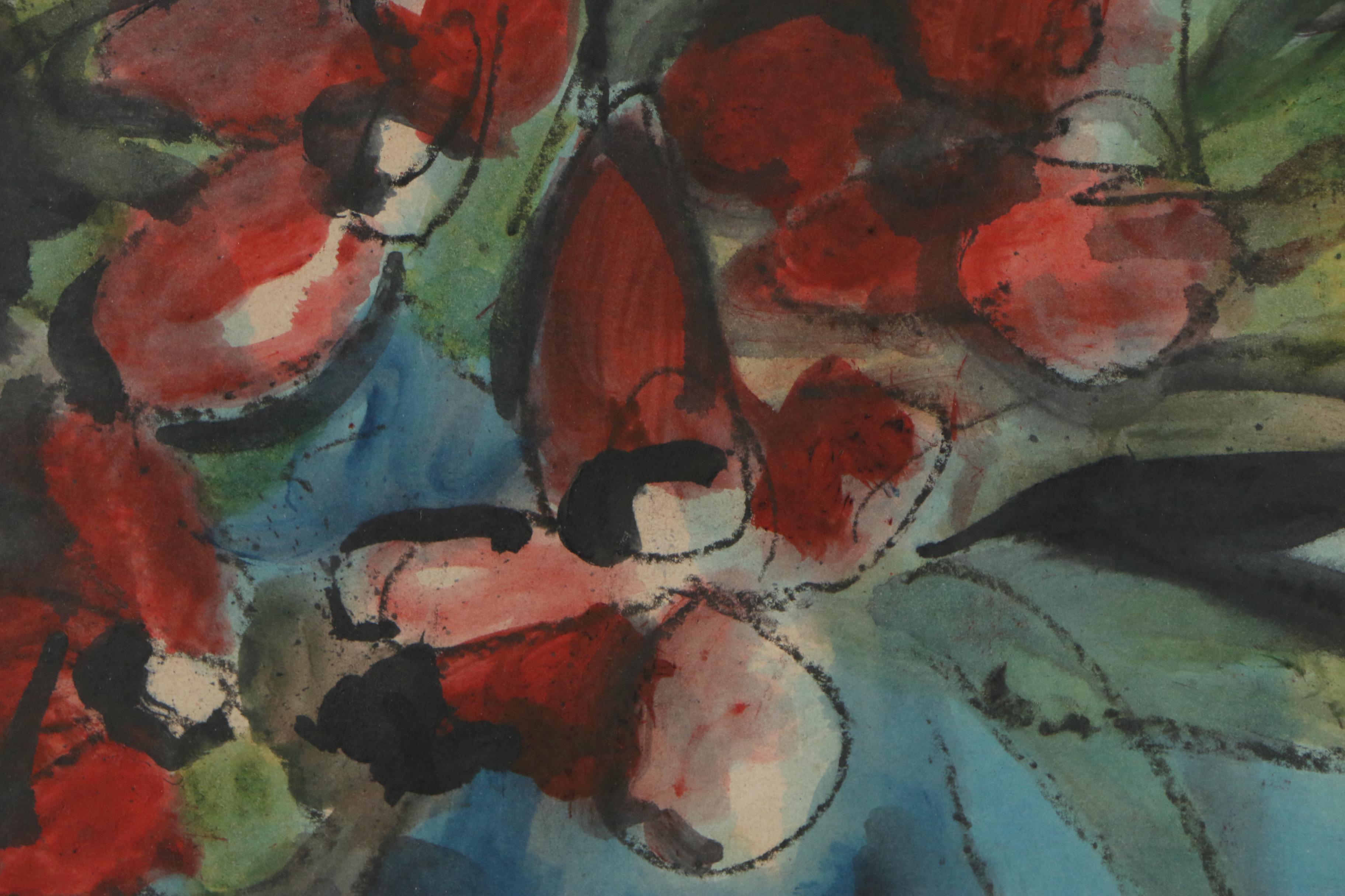 Jens Jensen Still Life Oil Painting of Vase of Flowers and Fruit EBTH