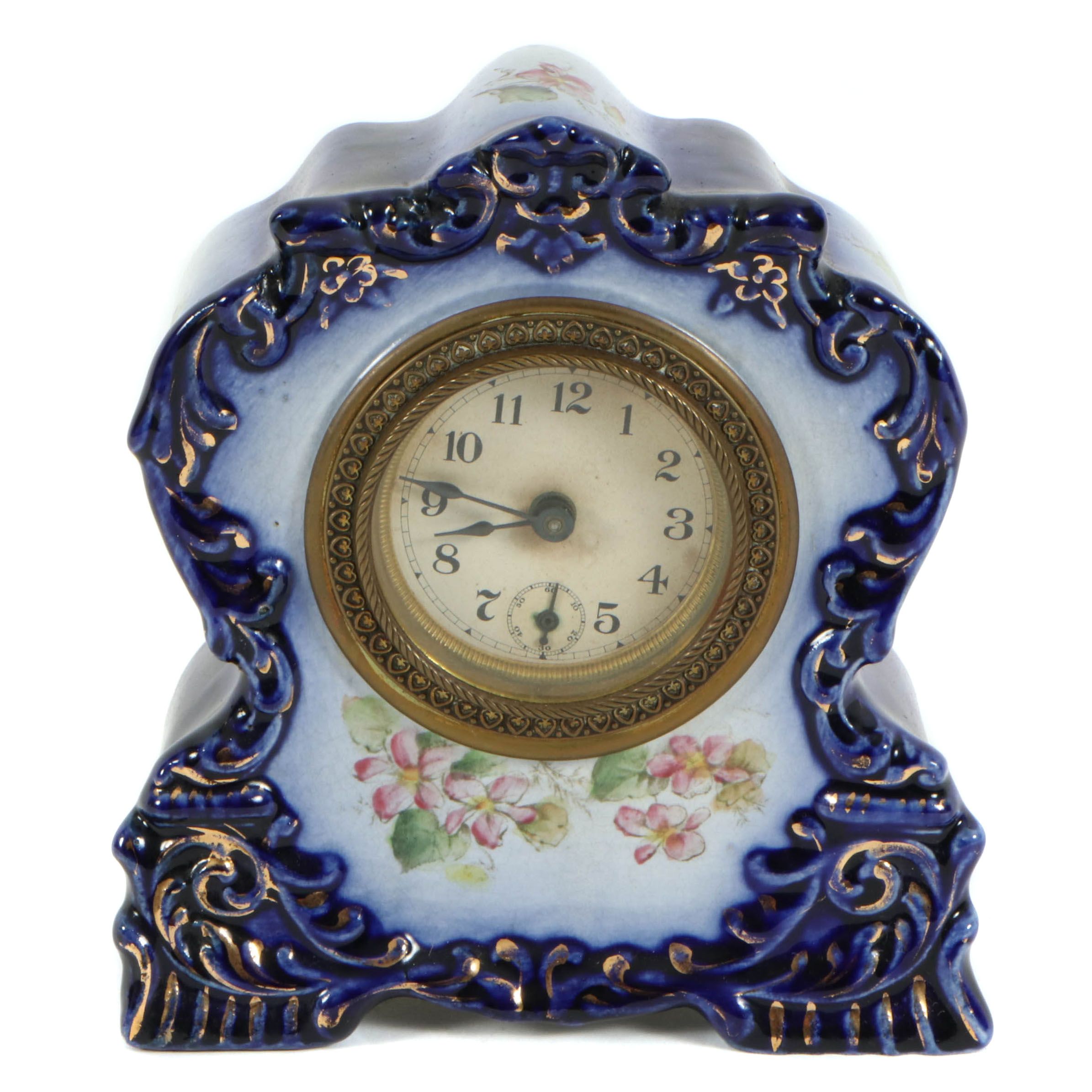 Gilbert "Fern" Blue Porcelain Mantel Clock, Vintage EBTH
