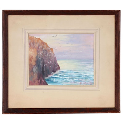 Sea Cliff Landscape Gouache Painting, Early to Mid 20th century