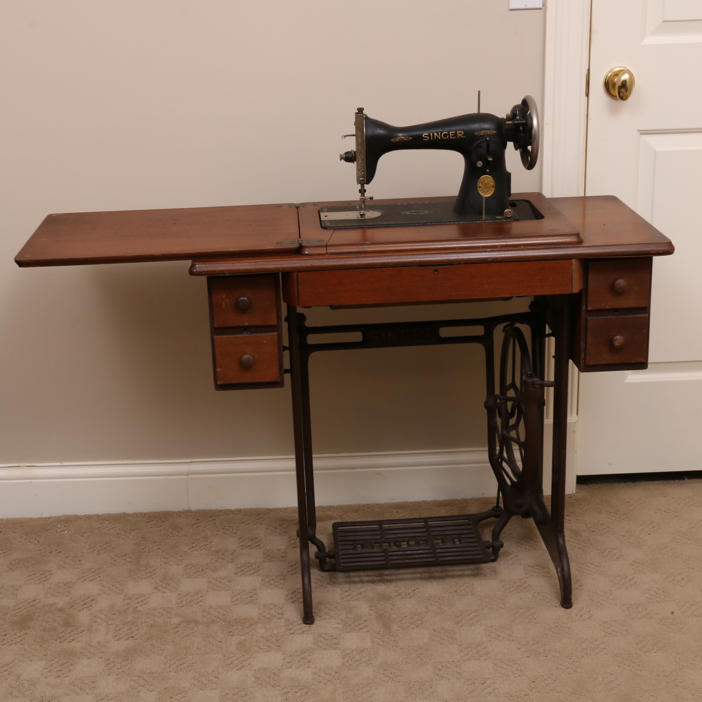 Oak and Cast Iron Singer Sewing Machine and Table, 1937 EBTH