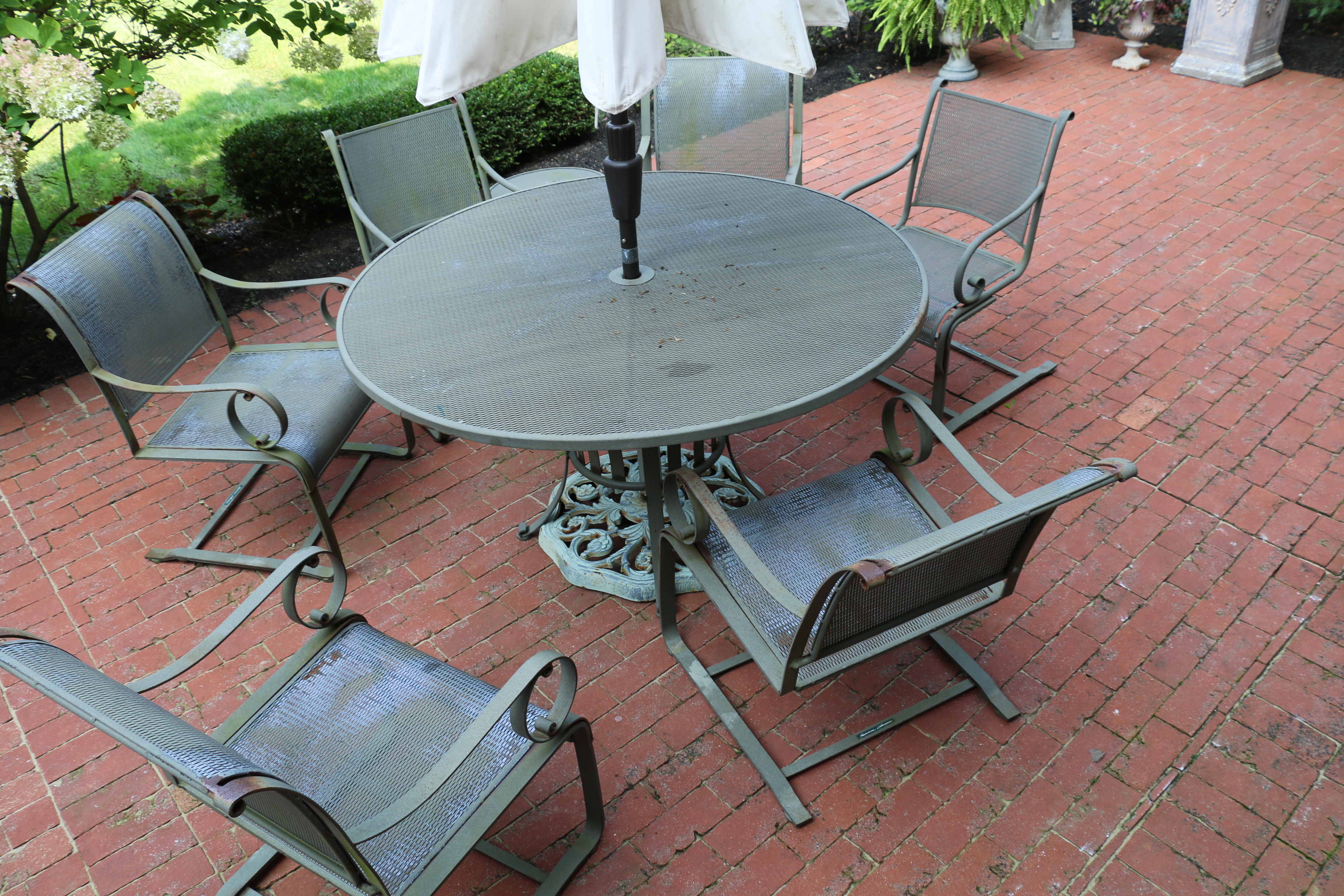 Summer Classics Mesh Metal Patio Table, Umbrella, Chairs and Side Table