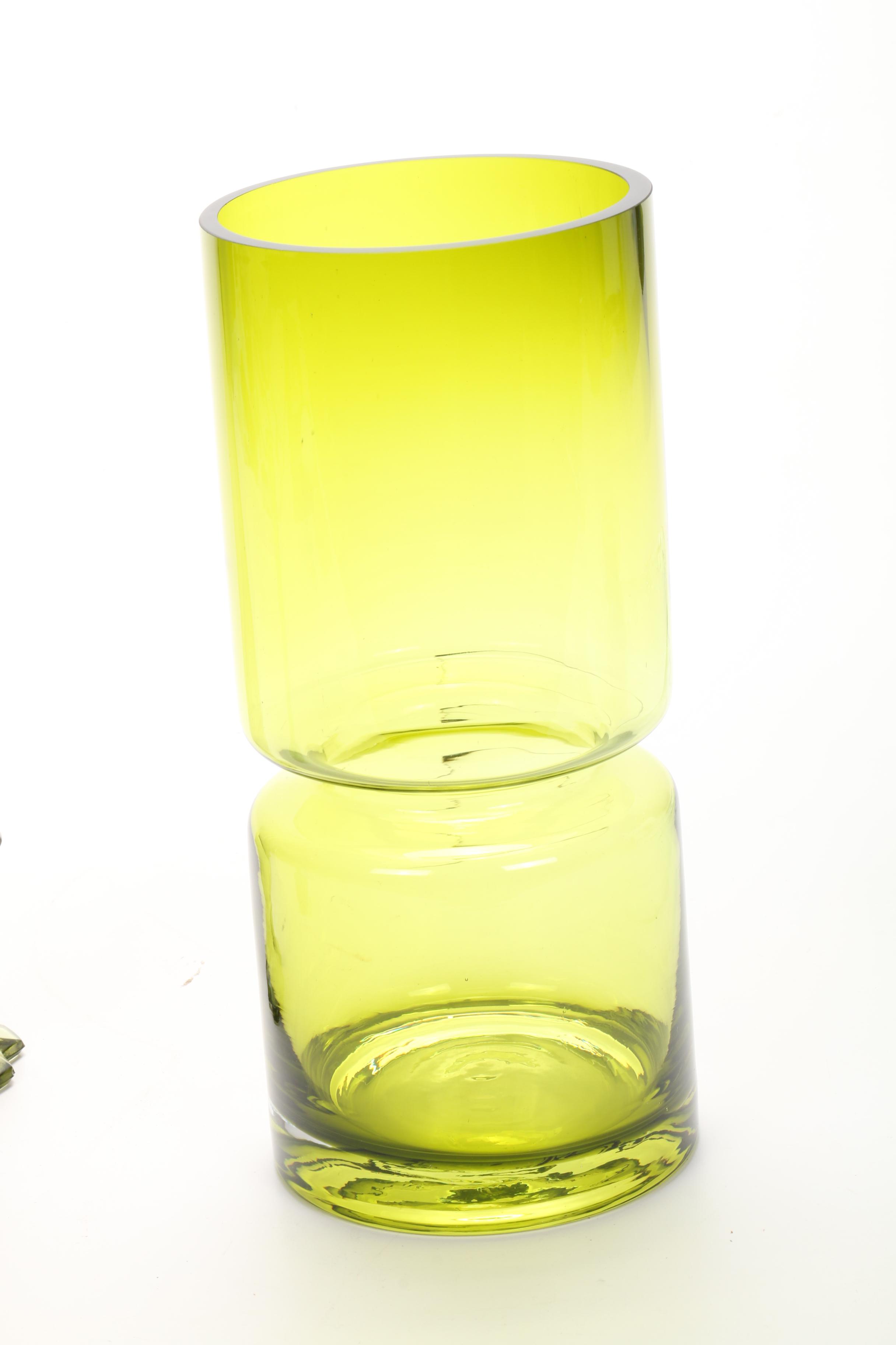 MidCentury Modern Olive Green Swung Glass Vase, Other Green Glass