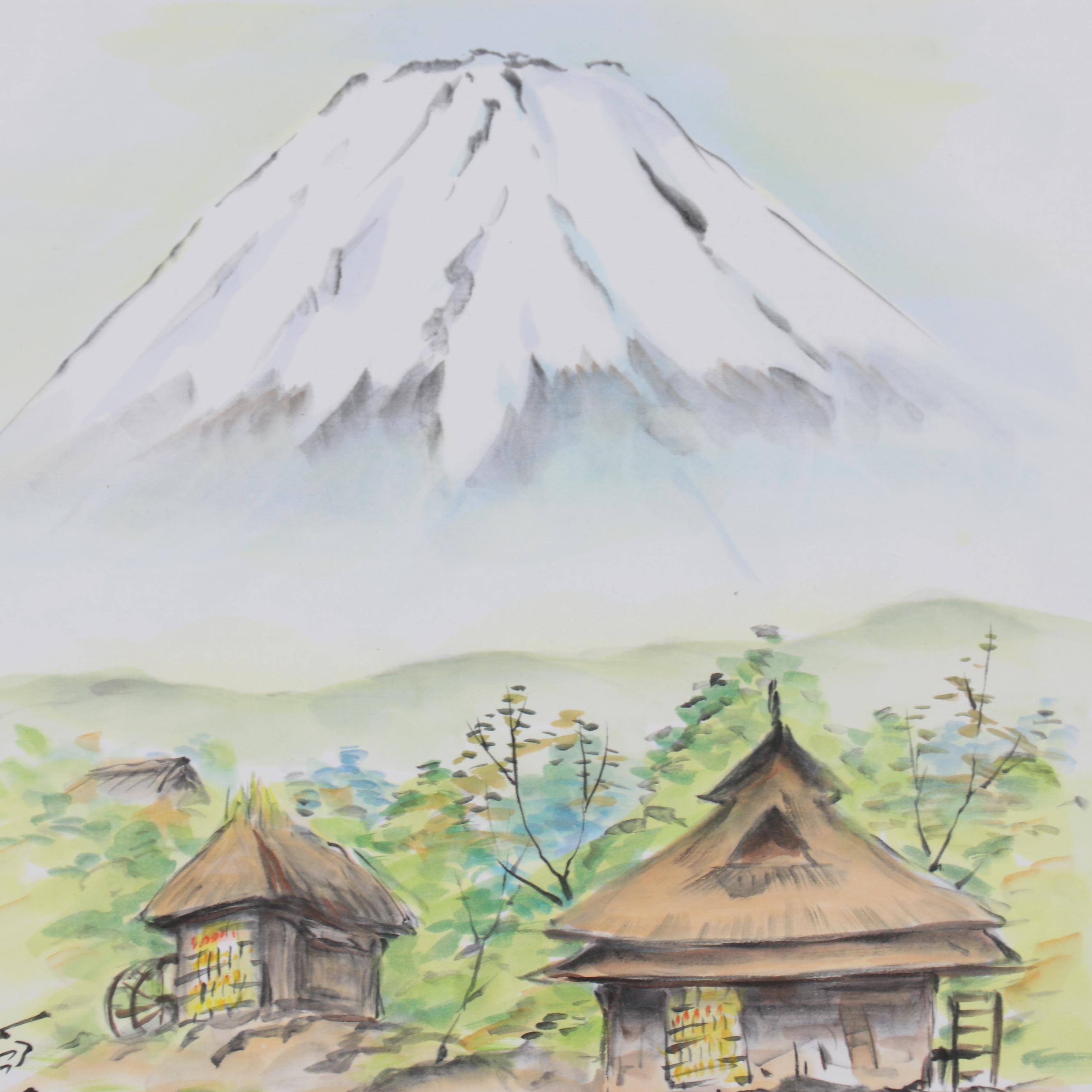 Japanese Watercolor Painting of Village and Mount Fuji | EBTH