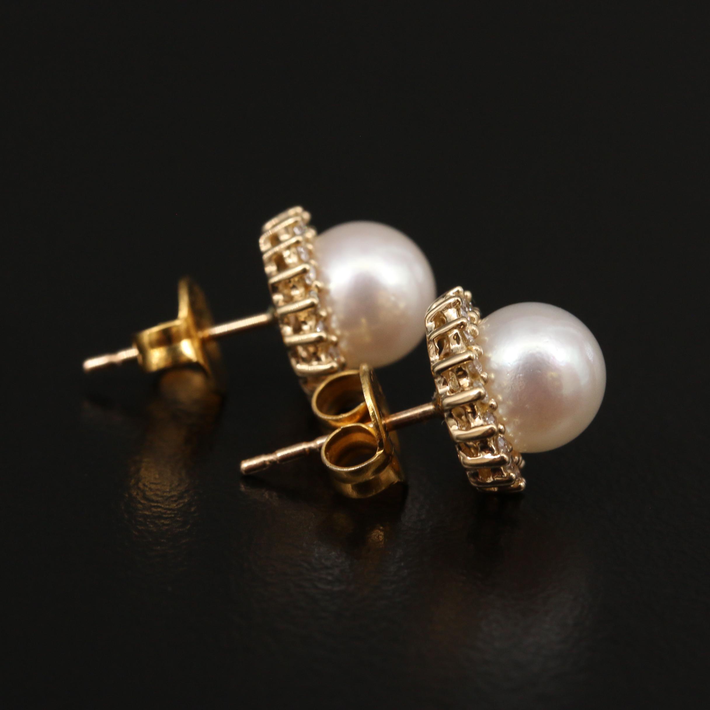 10K Pearl Stud Earrings with Diamond Halos | EBTH