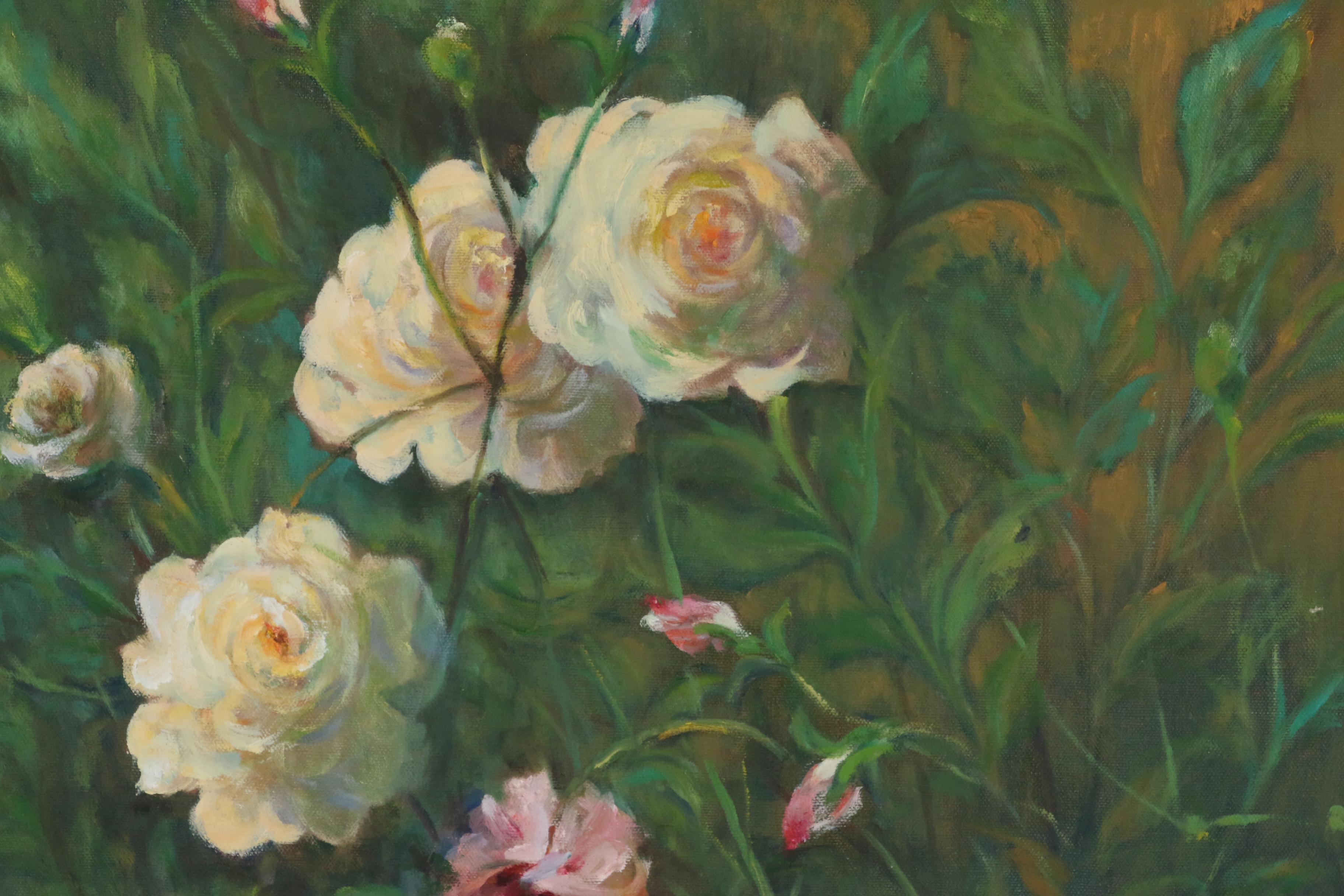 Jacques Zuccaire Oil Painting with White and Pink Roses, Late 20th Century EBTH
