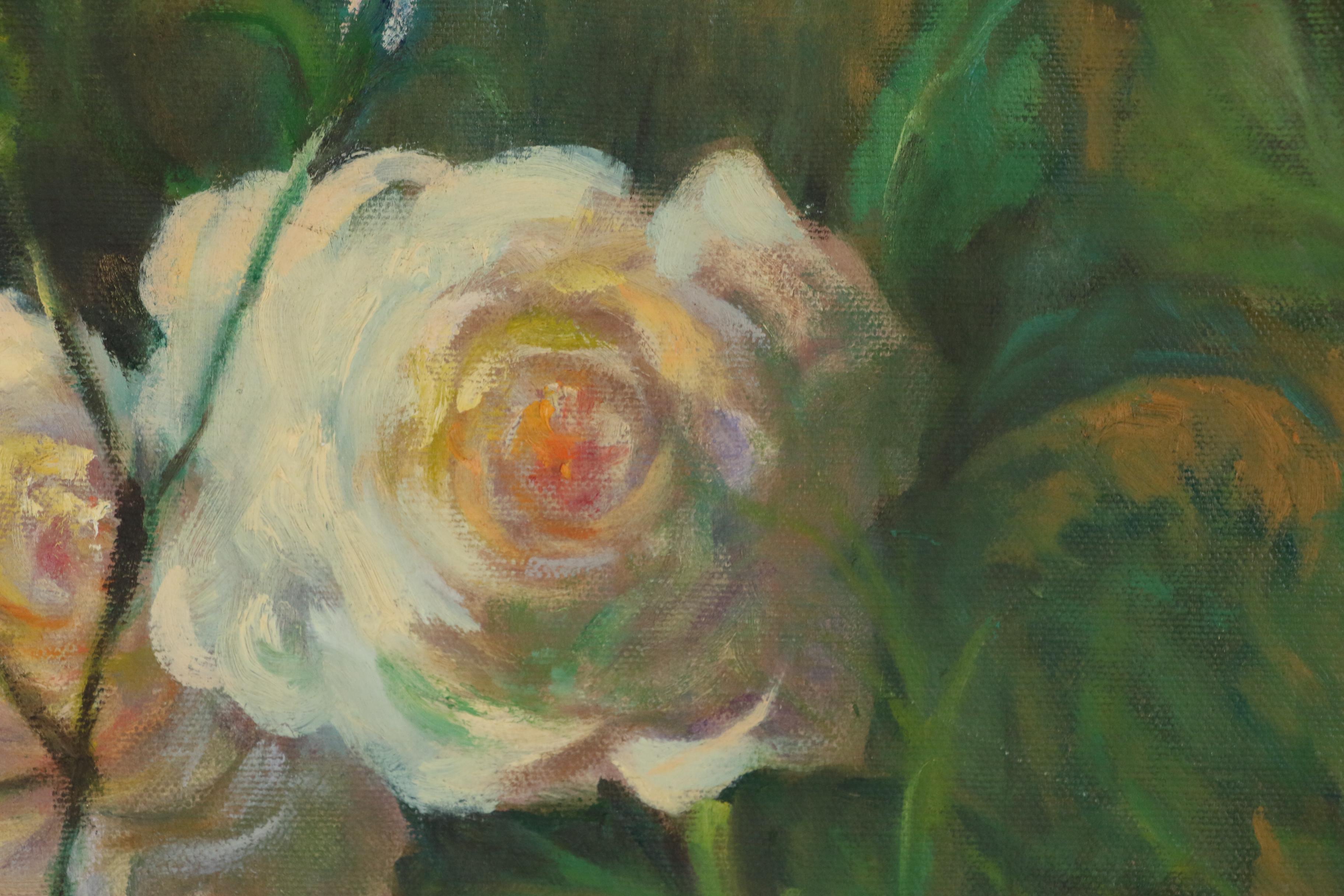 Jacques Zuccaire Oil Painting with White and Pink Roses, Late 20th Century EBTH