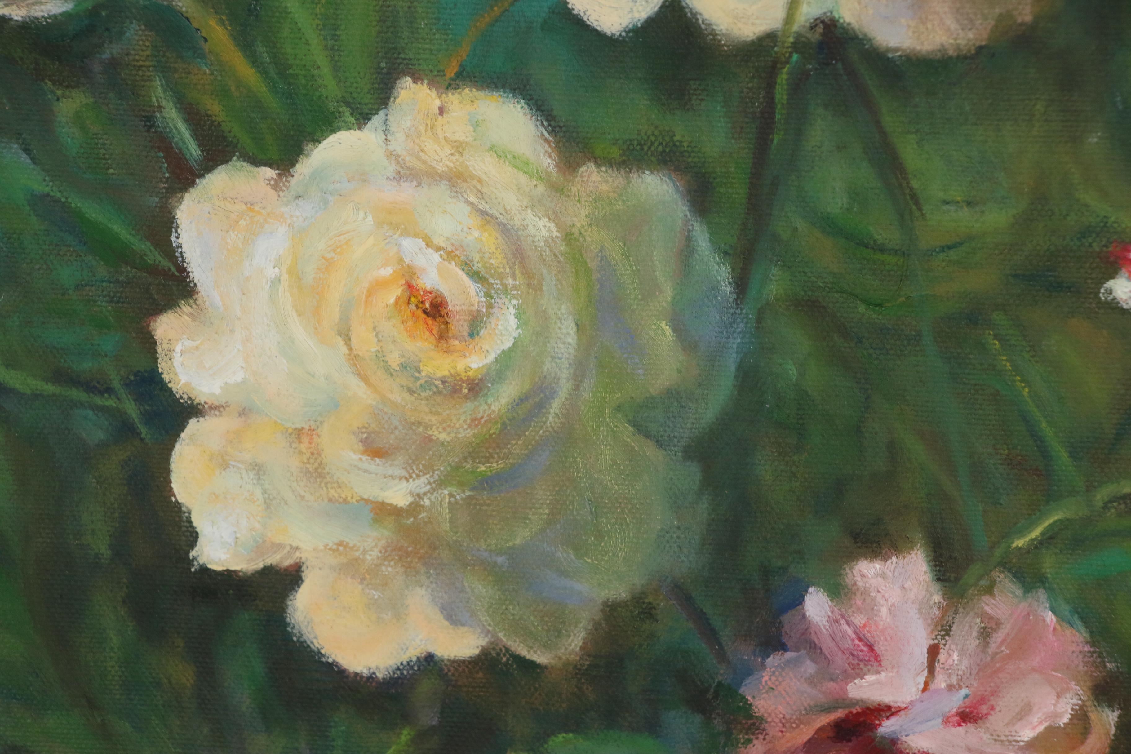 Jacques Zuccaire Oil Painting with White and Pink Roses, Late 20th Century EBTH