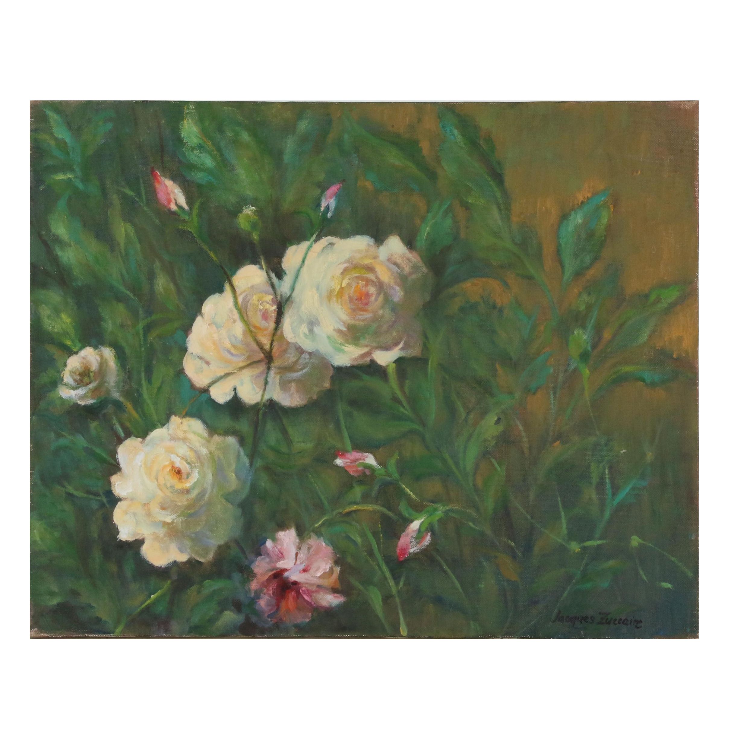 Jacques Zuccaire Oil Painting with White and Pink Roses, Late 20th Century EBTH