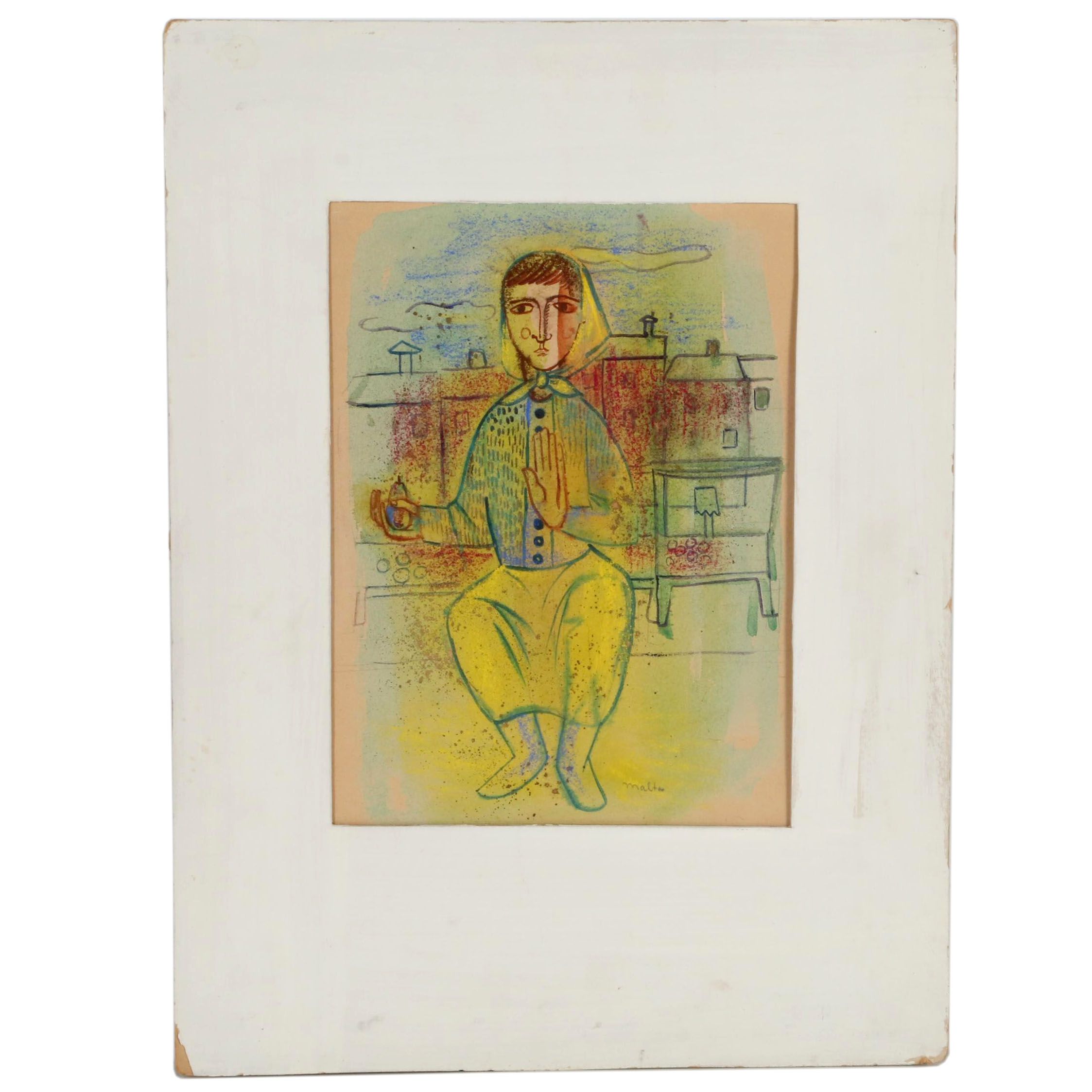Helen Malta Abstract Portrait Watercolor Painting, Mid 20th Century EBTH