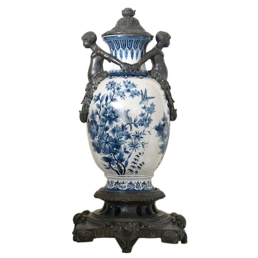 Delft Style Metal-Mounted Porcelain Covered Urn