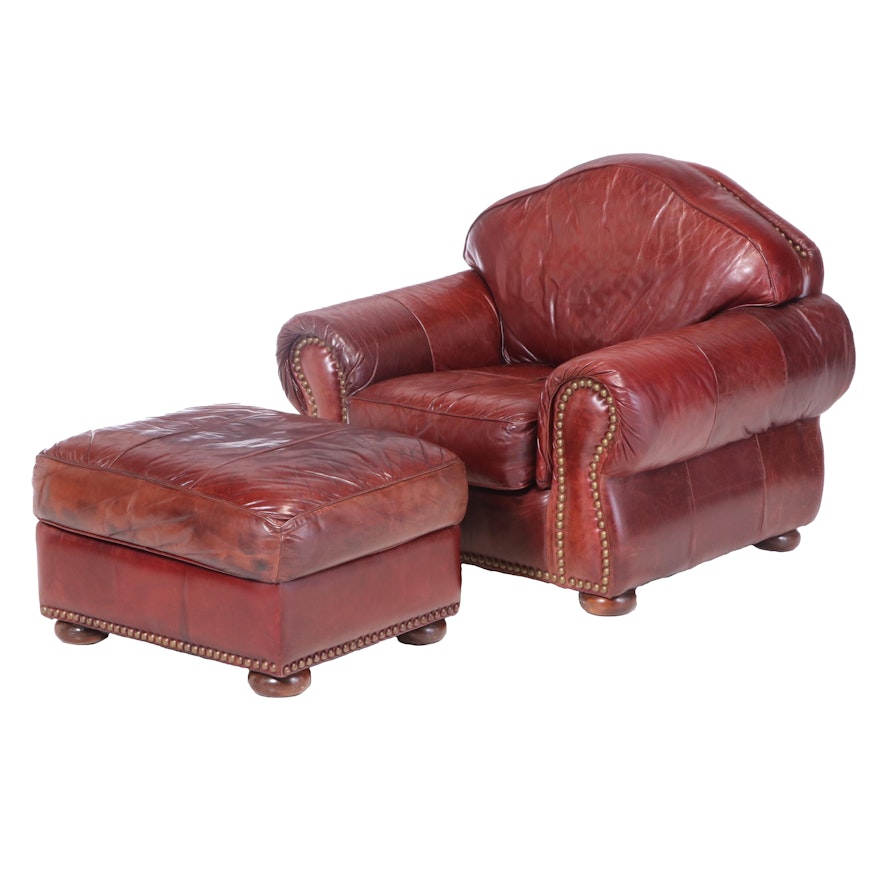 Robinson and Robinson Leather and Brass-Tacked Club Chair with Ottoman |  EBTH