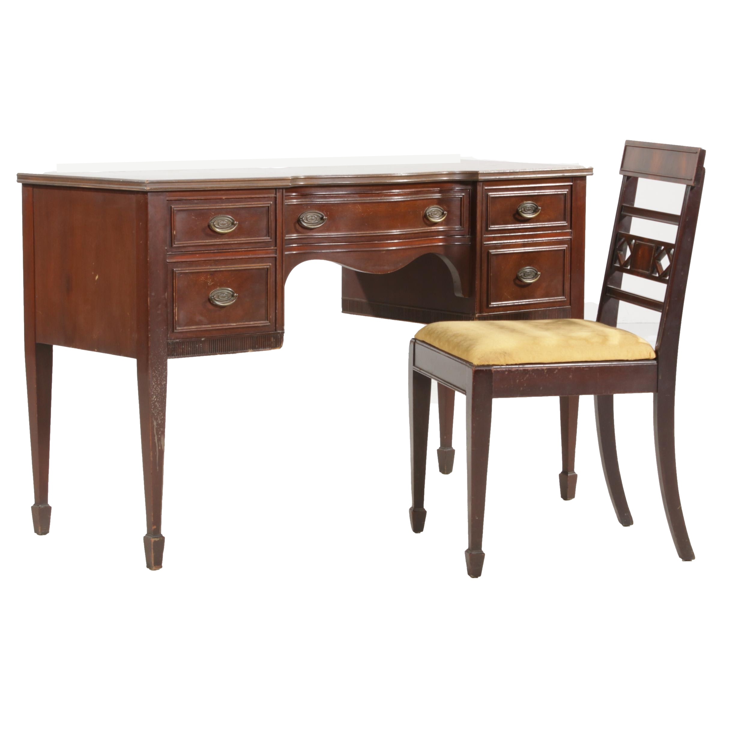 Federal Style Walnut Vanity Desk and Chair, Early to Mid 20th Century
