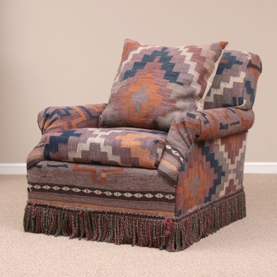 Handwoven Turkish Kilim-Upholstered Armchair with Throw Pillow