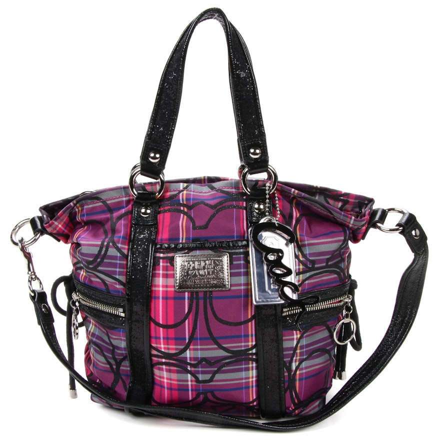 Coach Poppy Tartan Plaid Glitter and Black Patent Leather Two-Way Tote |  EBTH