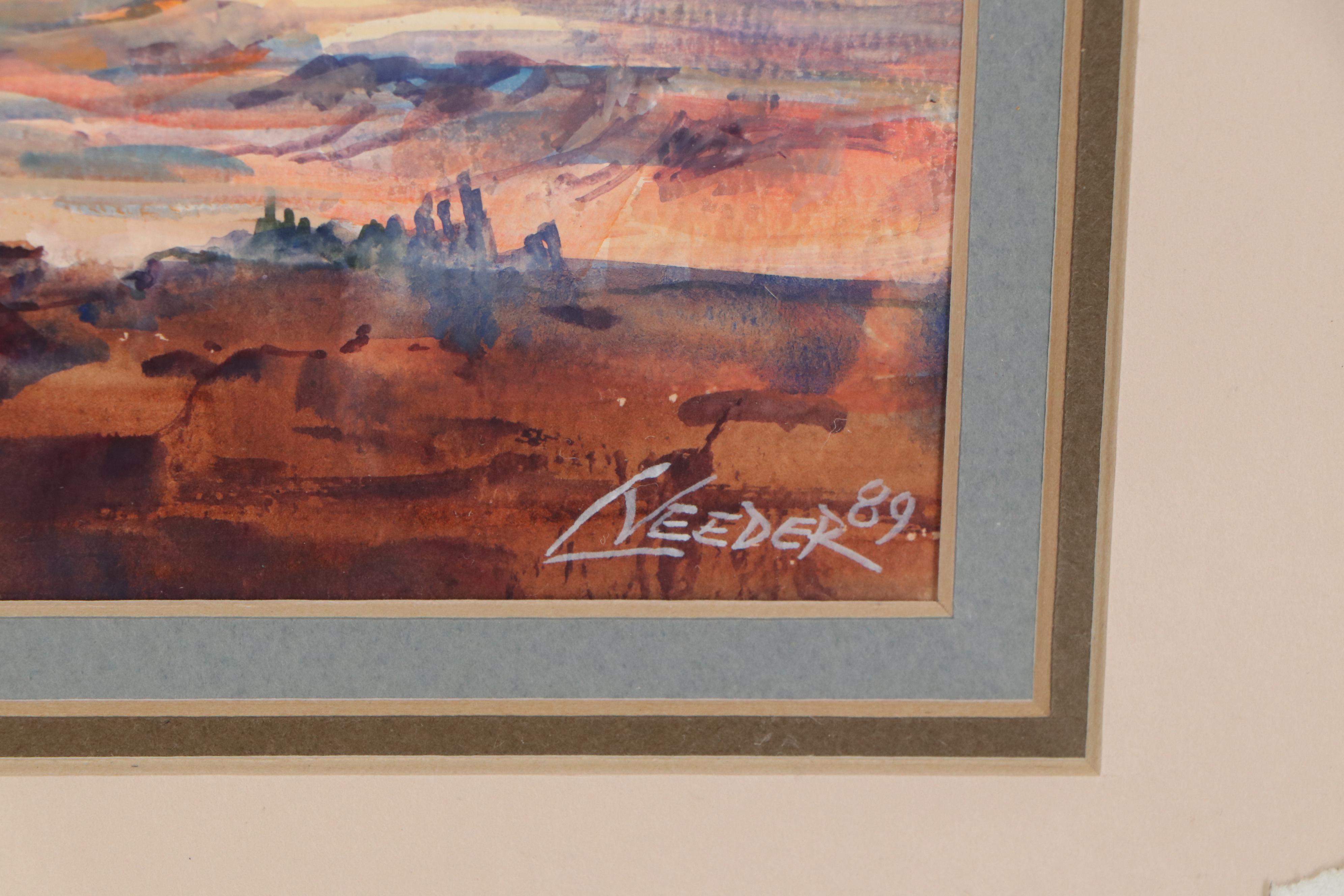 Larry Veeder Western Desert Landscape Gouache Painting, 1989 EBTH