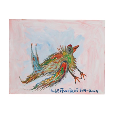 Robert Wright Folk Art Acrylic Painting of a Bird, 2004