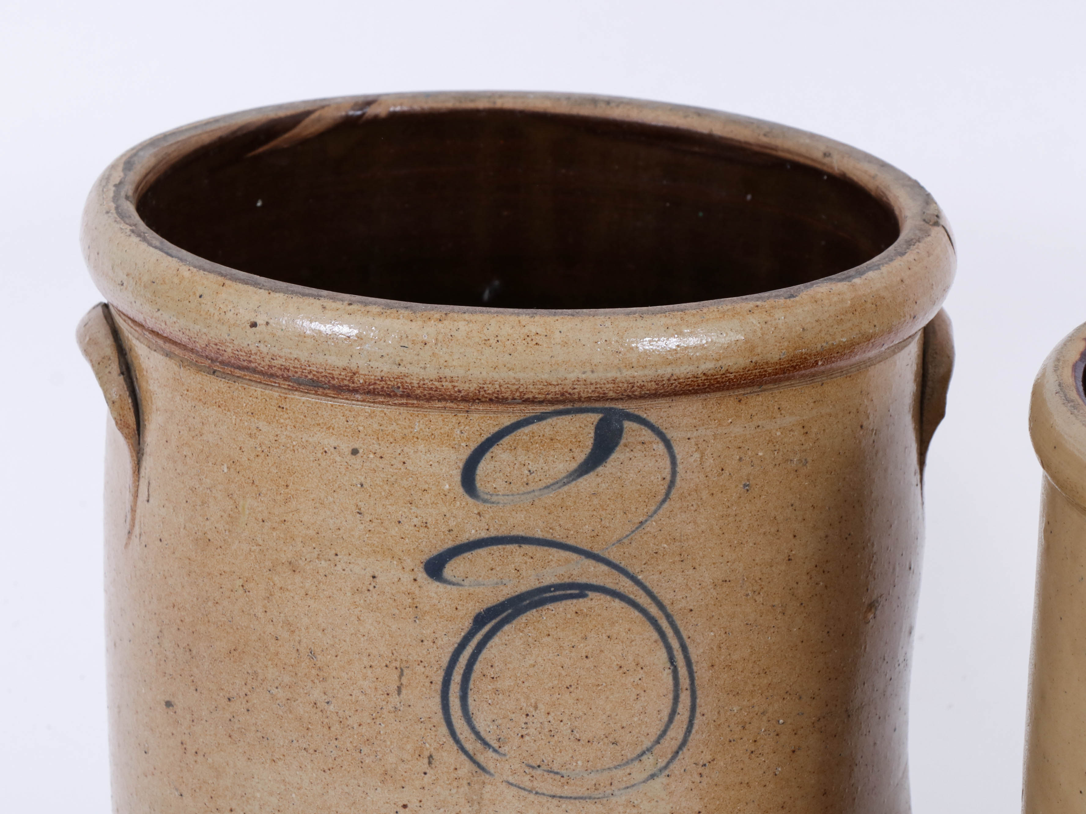 Two Gallon Salt Glaze Crocks with Cobalt Marks Including Bee Sting