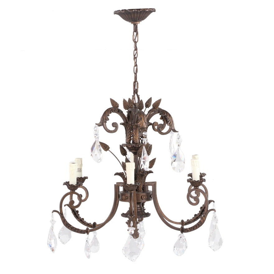 Acanthus Leaf and Scroll Design Six-Light Bronzed Metal and Crystal Chandelier