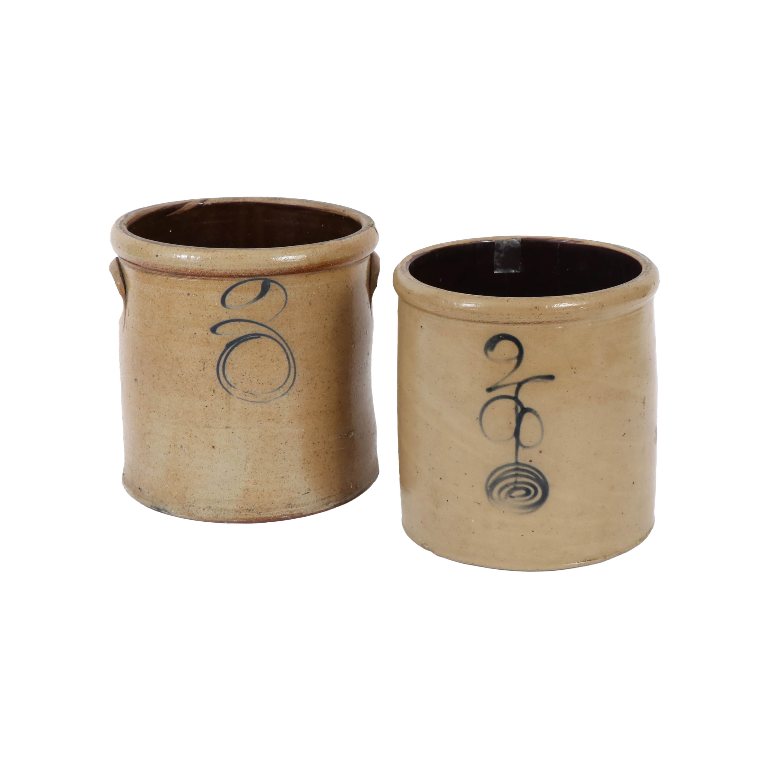 Two Gallon Salt Glaze Crocks with Cobalt Marks Including Bee Sting