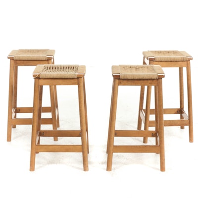 Danish Modern Style Woven Cord Seat Barstools, Late 20th Century Danish Modern Style Woven Cord Seat Barstools, Late 20th Century
