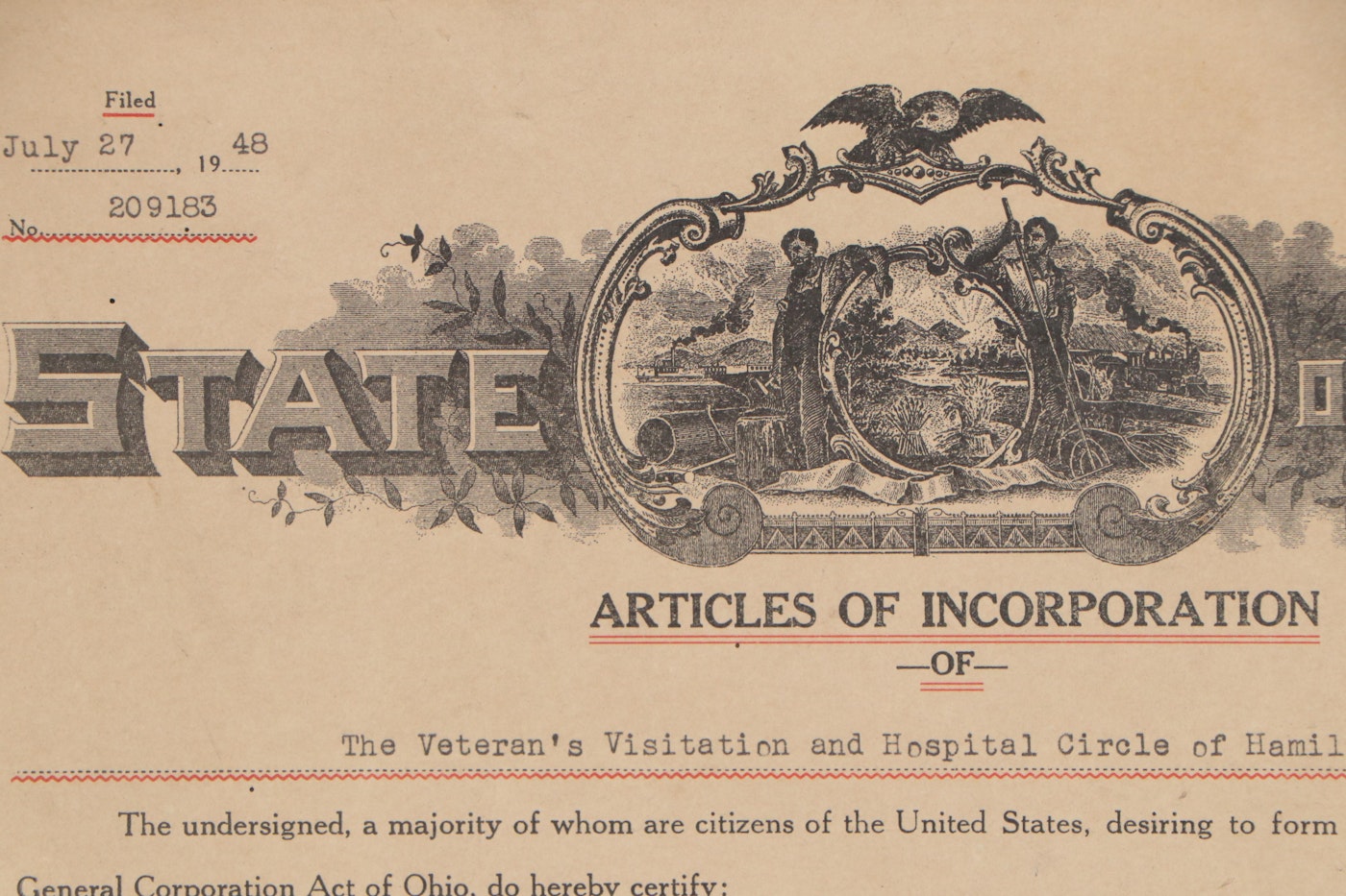 Certificate from State of Ohio Articles of Incorporation 1948 EBTH