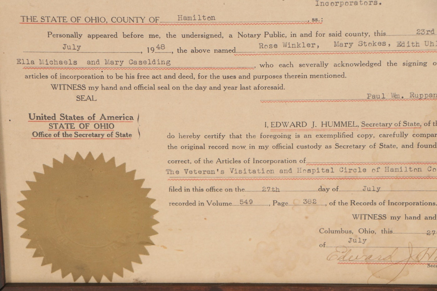 Certificate from State of Ohio Articles of Incorporation 1948 EBTH