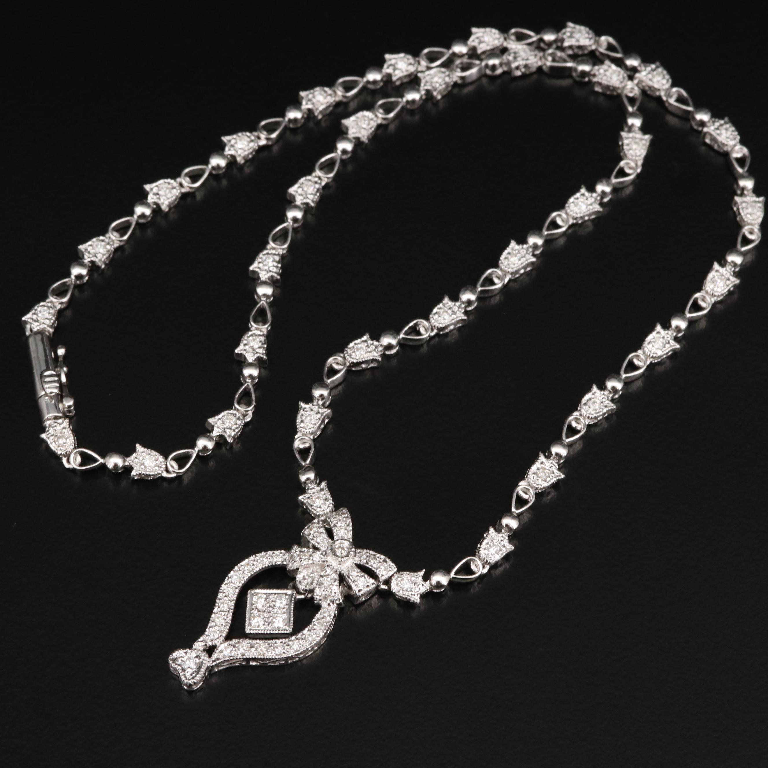 18K Diamond Stationary Pendant Necklace Featuring Bow Design EBTH
