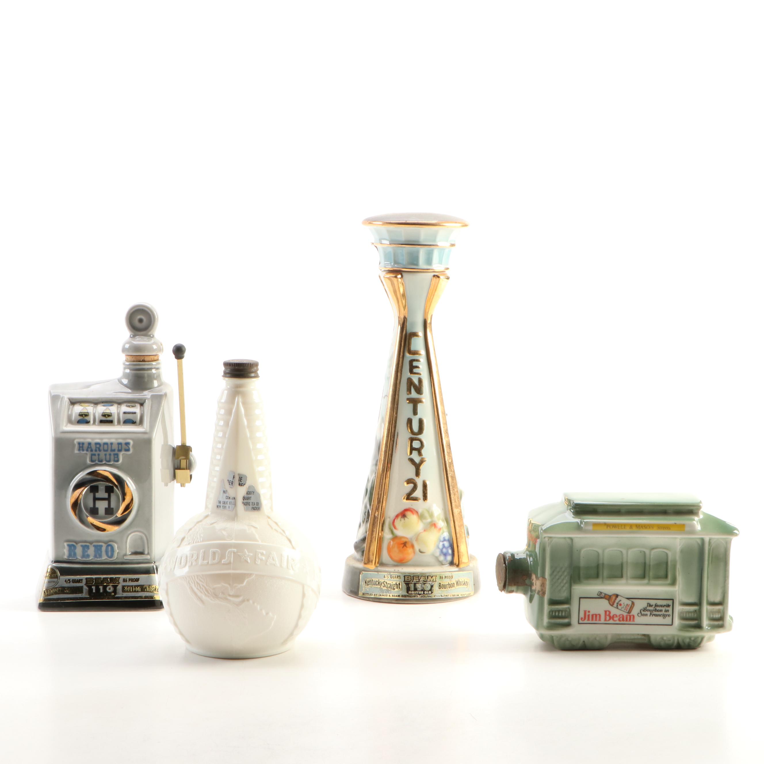 Jim Beam Ceramic Novelty Decanters with 1939 World's Fair Milk Glass