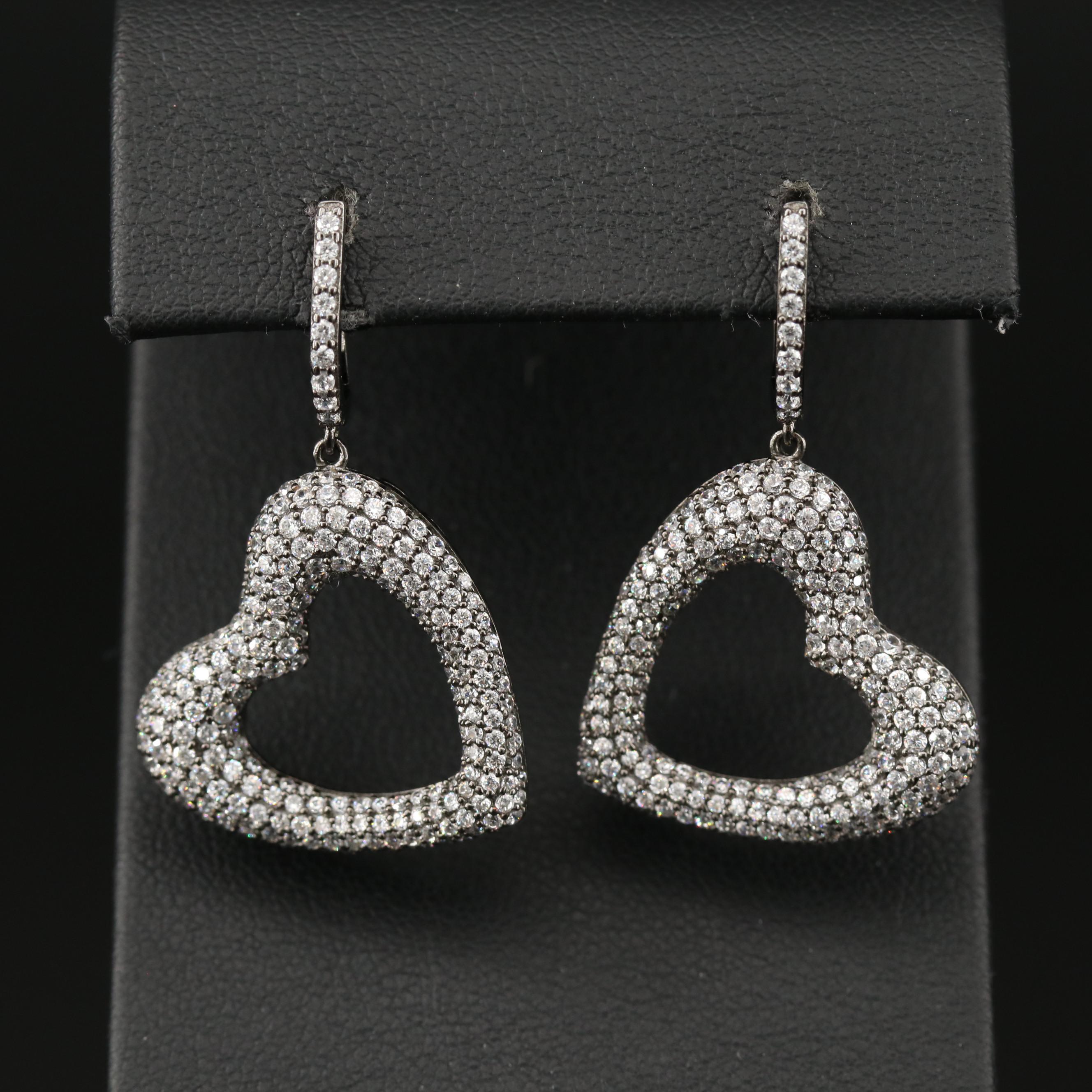 Sterling Silver Cubic Zirconia Heart Dangle Earrings EBTH