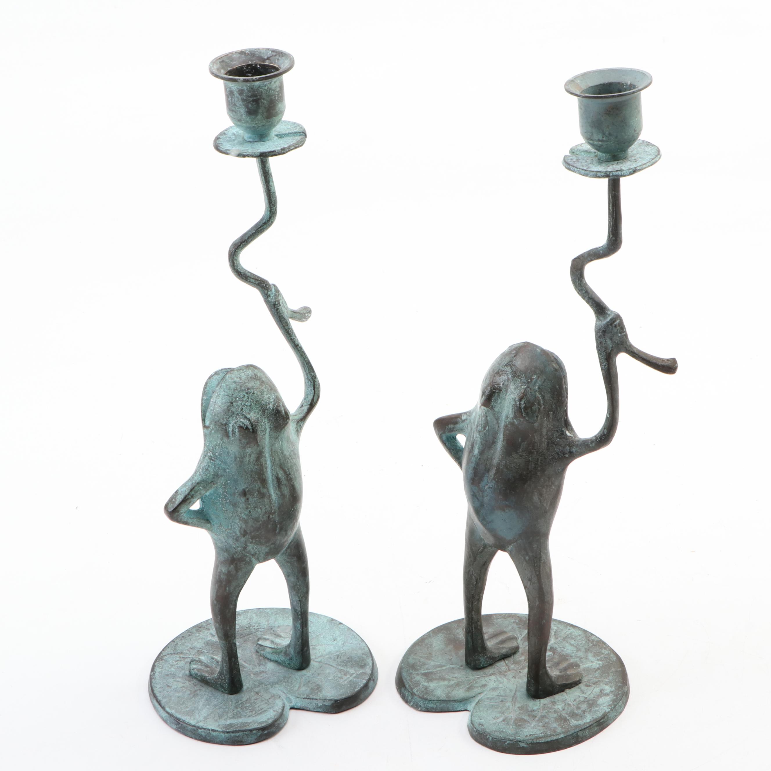Verdigris Finish Brass Frog on Lily Pad Candle Holders EBTH