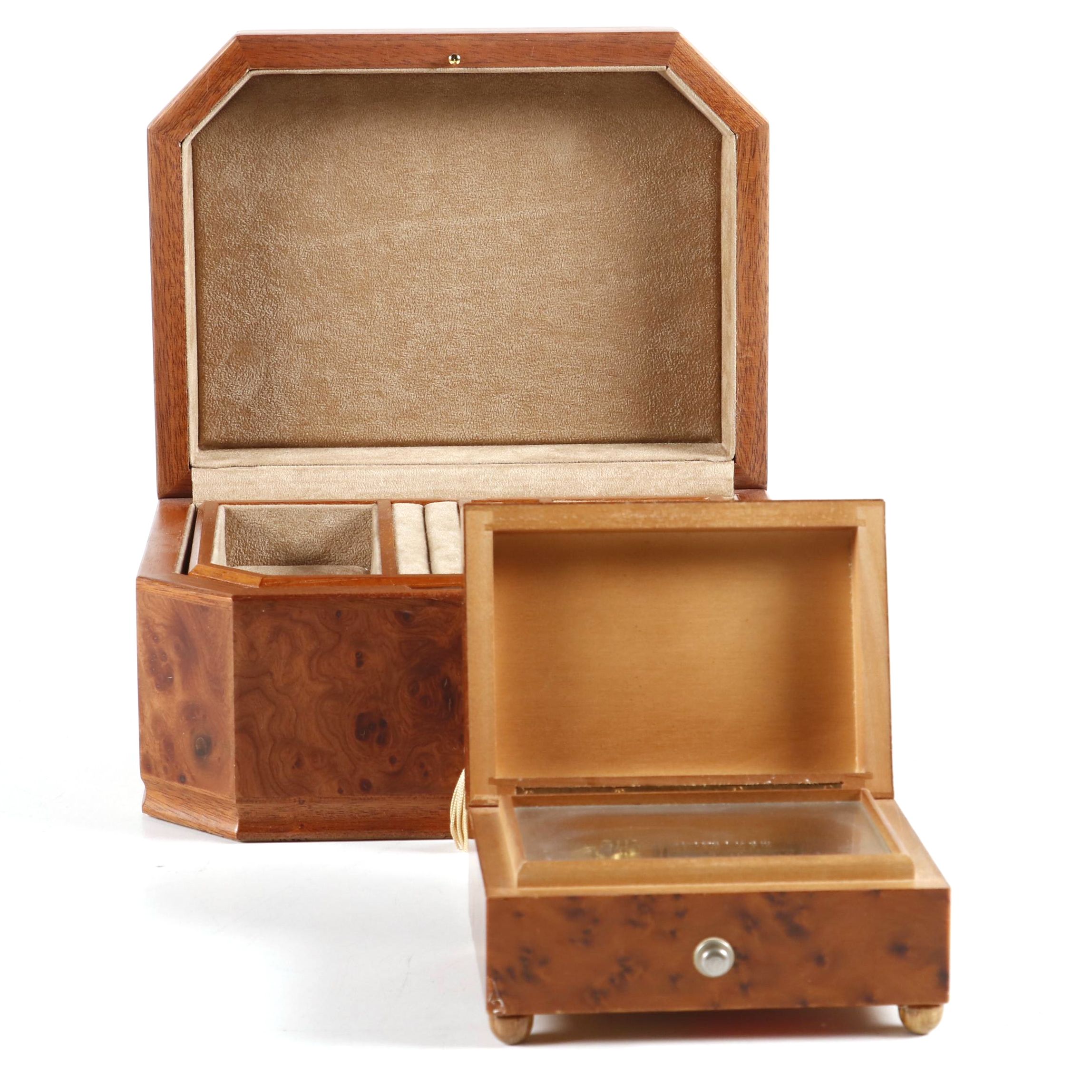 Agresti Italian Burl Wood Jewelry Box and Reuge Burl Music Box EBTH