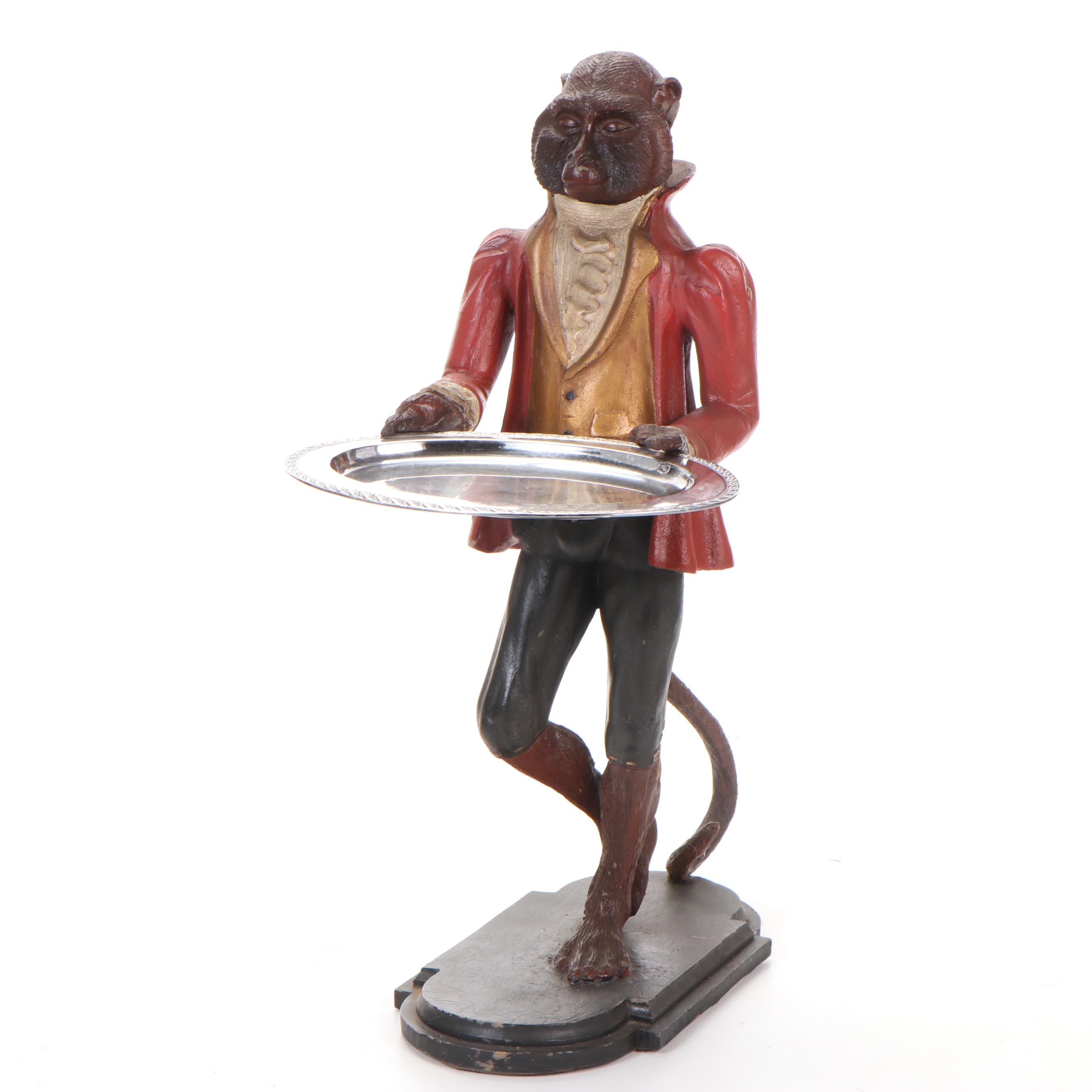 Polychromed Composition Monkey Butler Statue with Silver Plate Serving