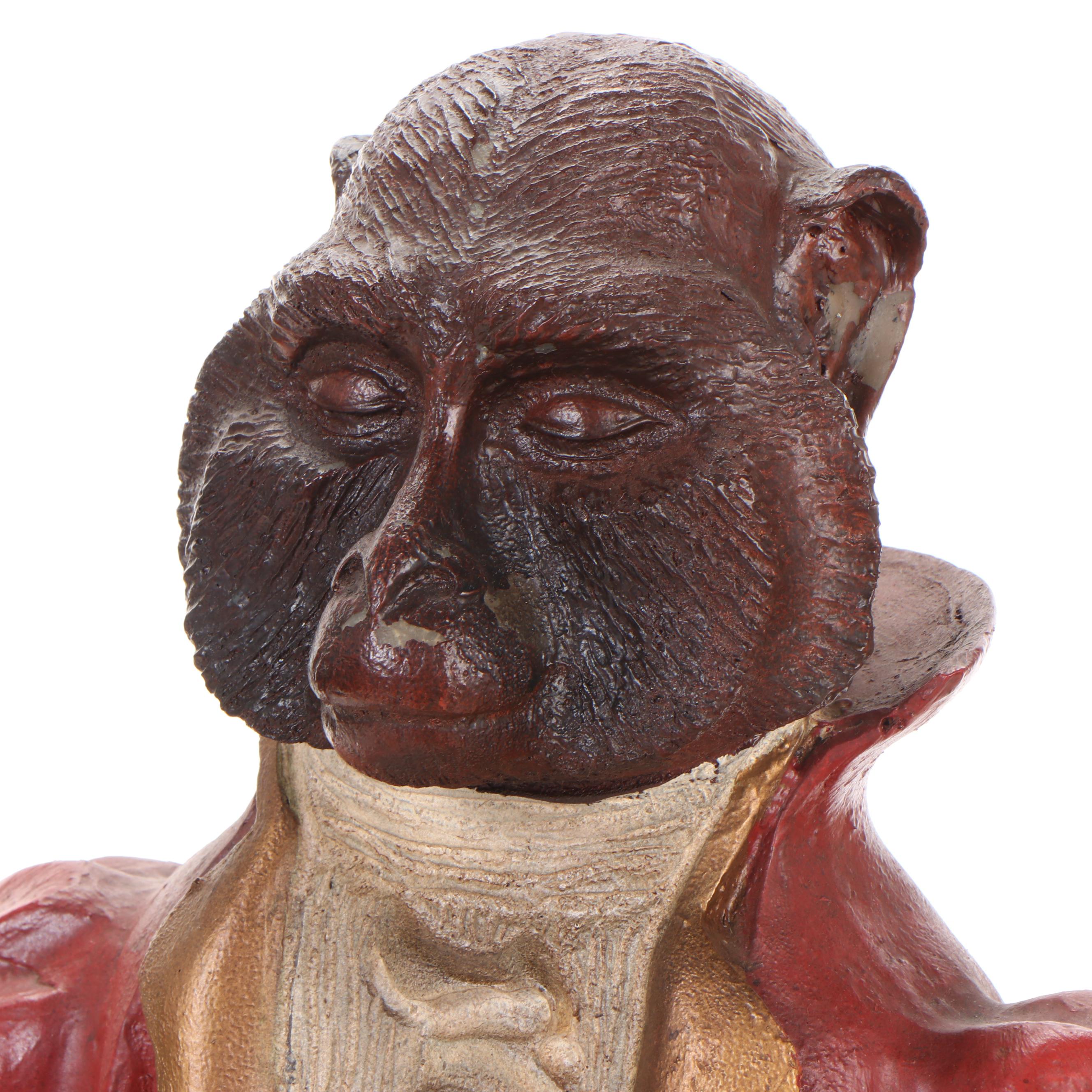 Polychromed Composition Monkey Butler Statue with Silver Plate Serving