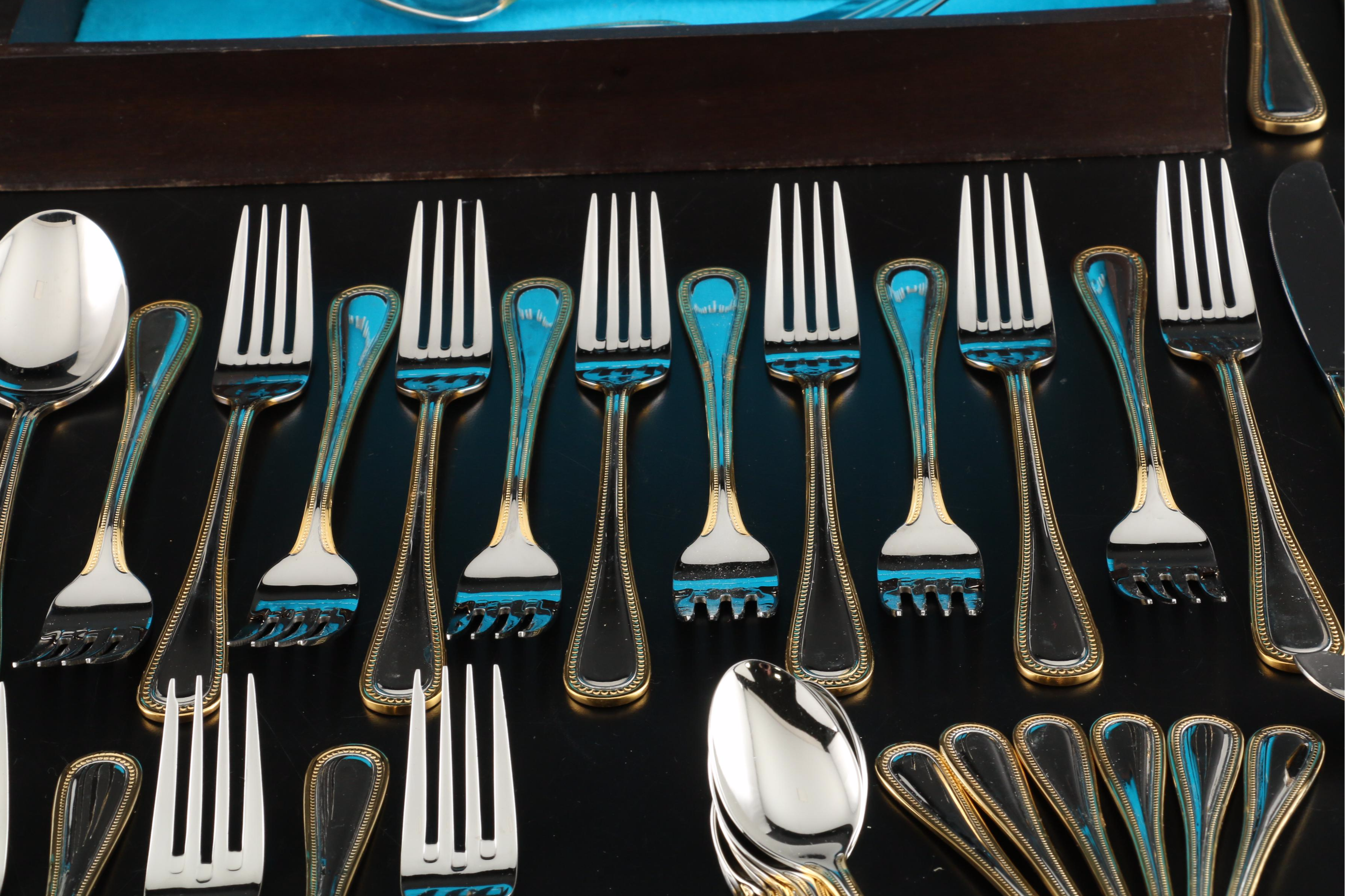 Wallace Stainless Steel "Gold Royal Bead" Flatware with Chest EBTH