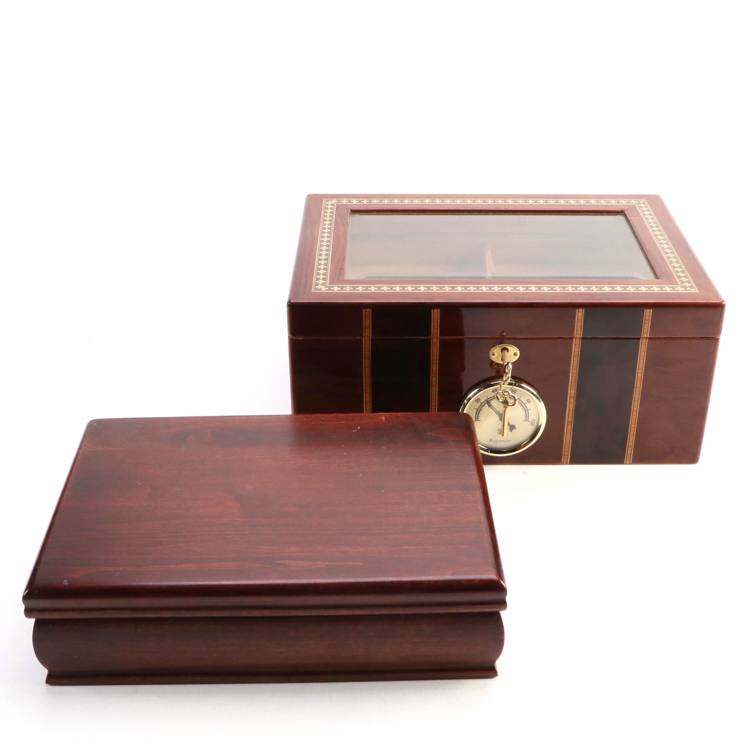 Reed & Barton "Diamond Crown" Humidor and Locking Inlaid Wood Humidor