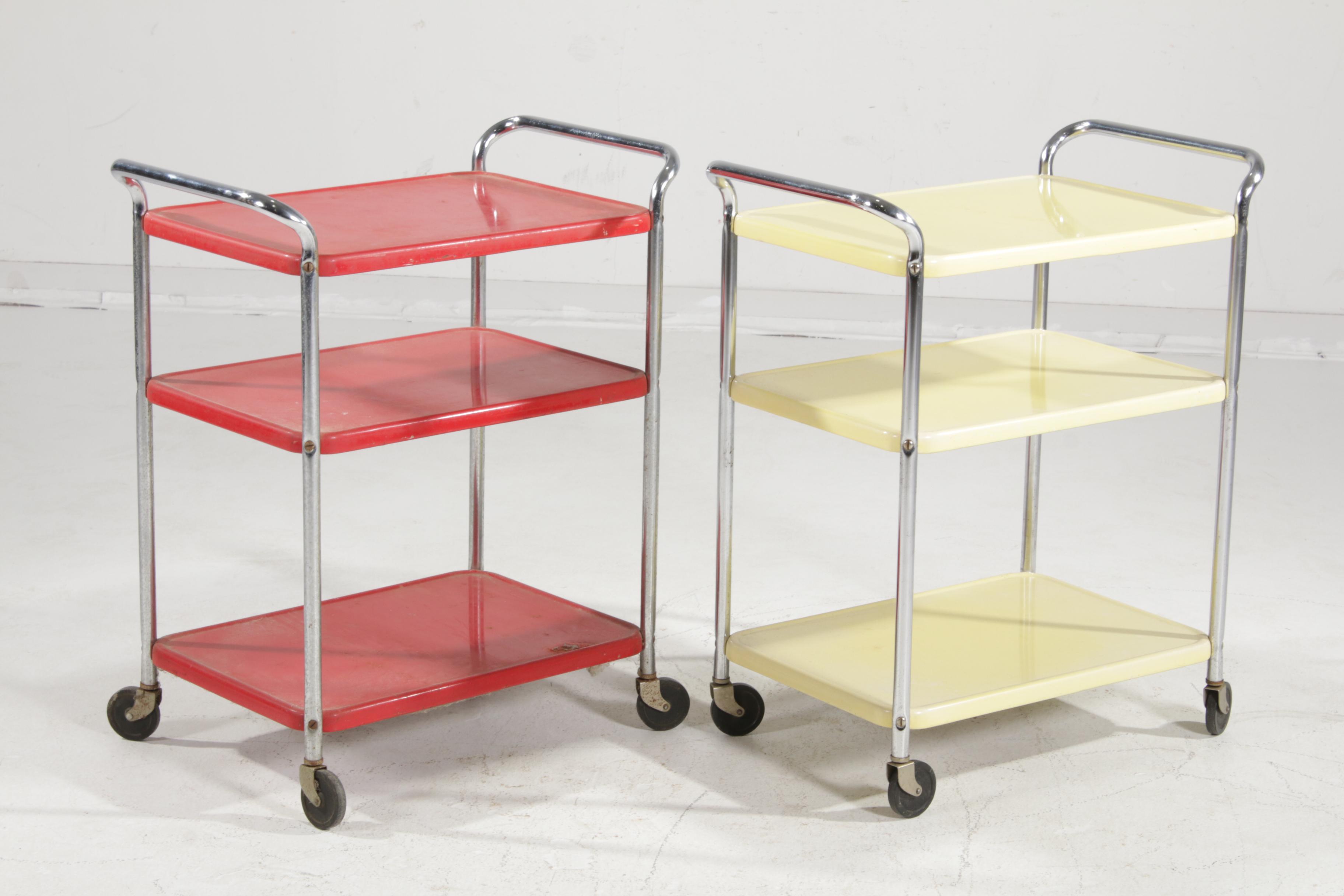 Two Cosco Mid Century Modern Rolling Utility Carts in Red and Yellow