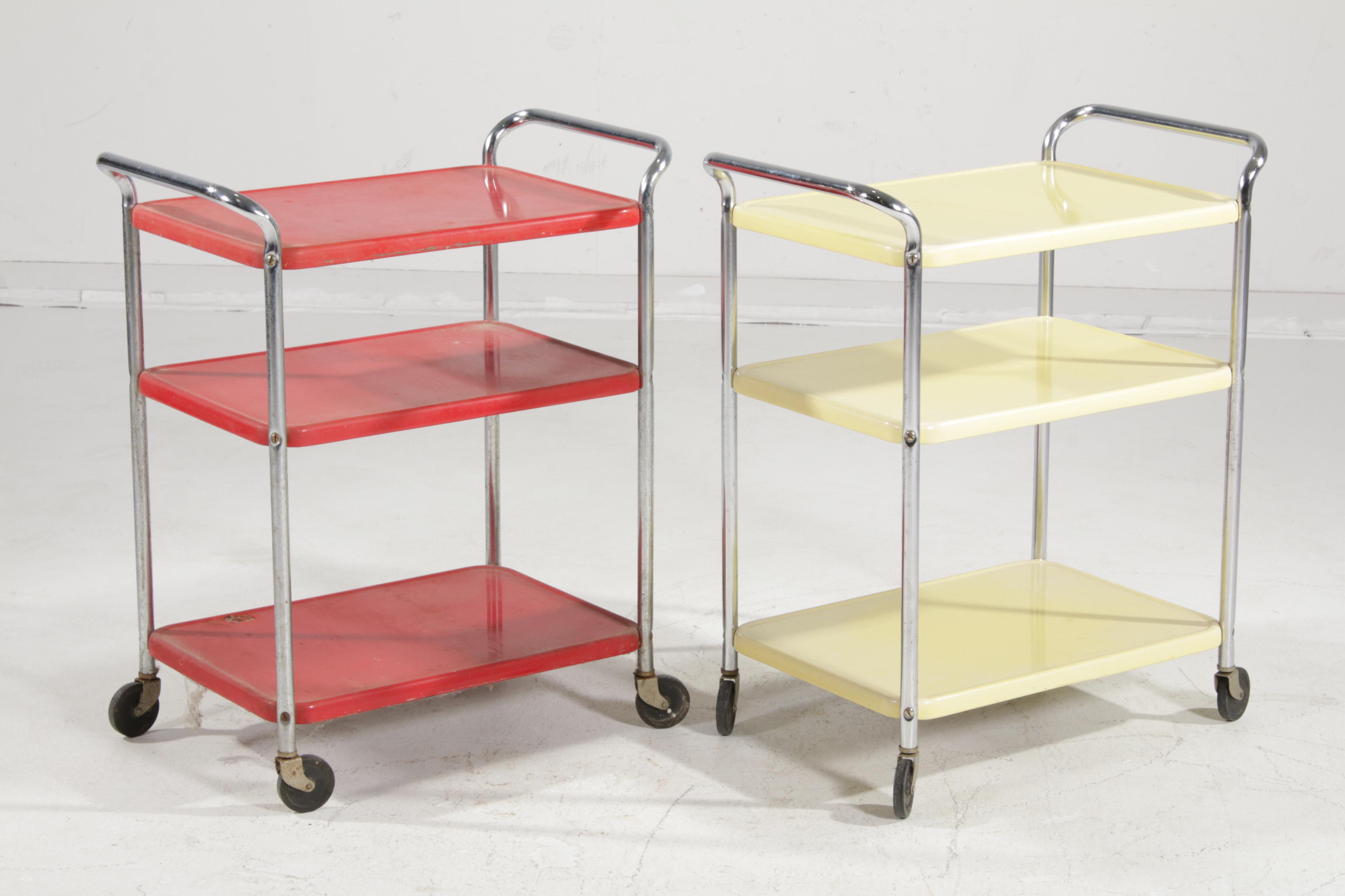Two Cosco Mid Century Modern Rolling Utility Carts in Red and Yellow