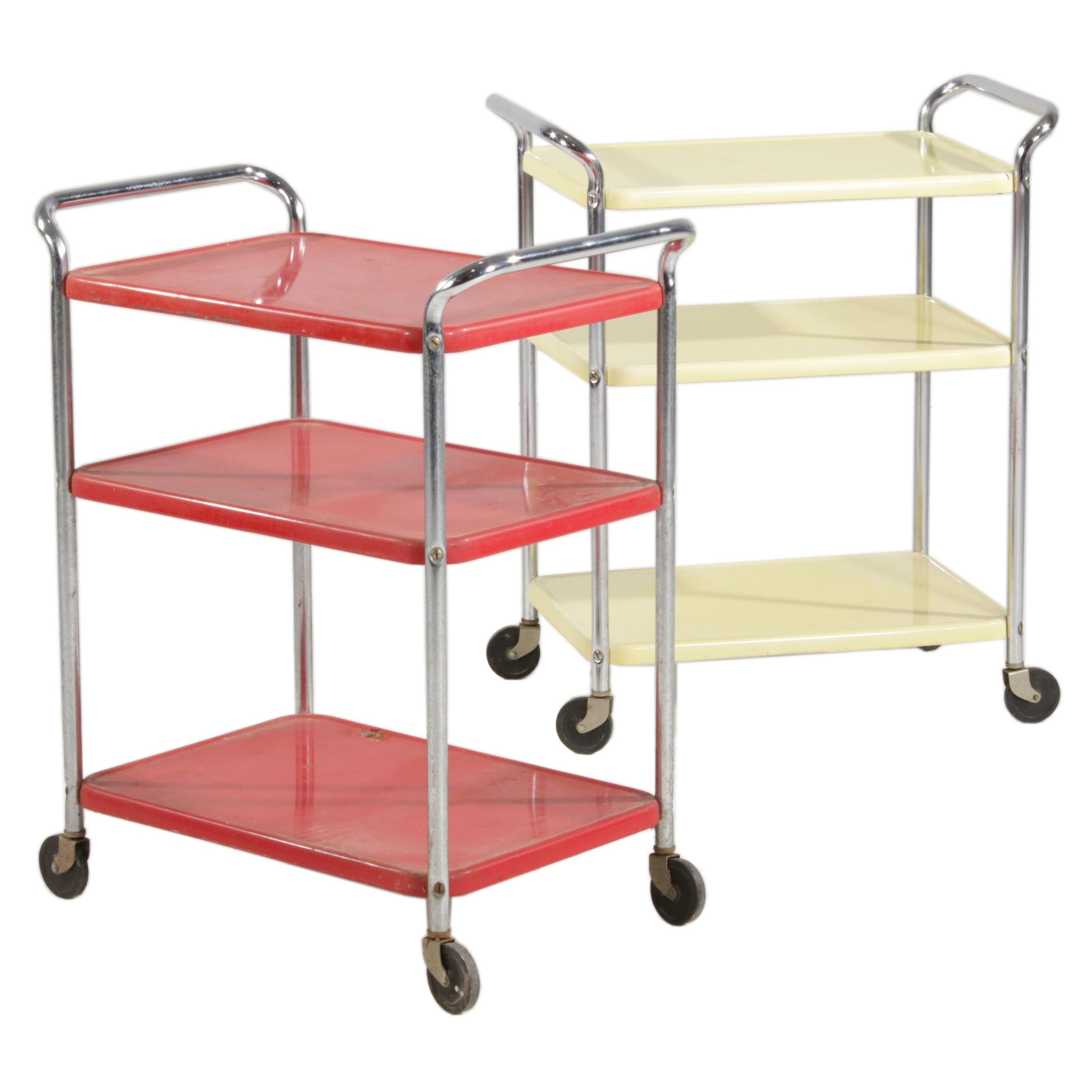 Two Cosco Mid Century Modern Rolling Utility Carts in Red and Yellow