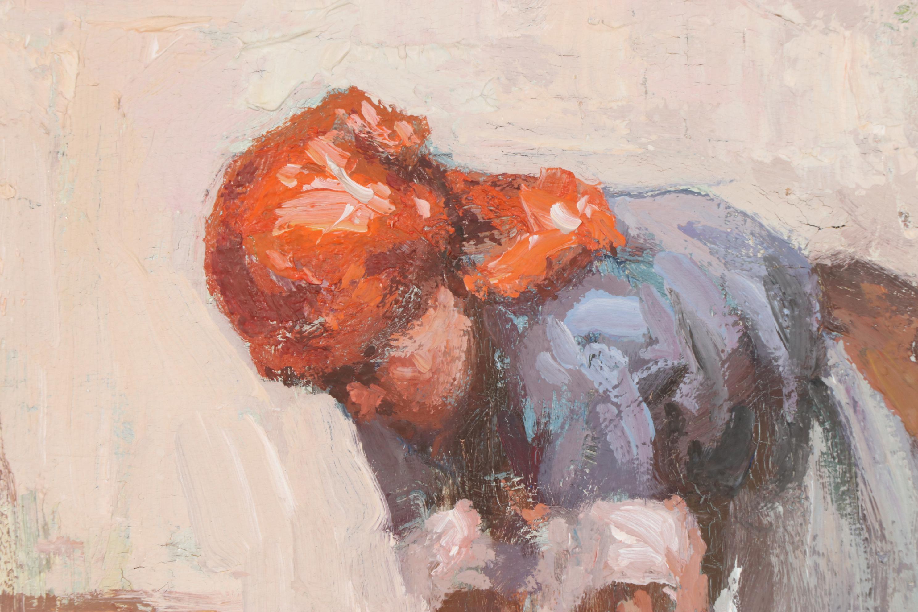 Oil Painting of Woman Washing Clothes with Washboard, Late 20th Century