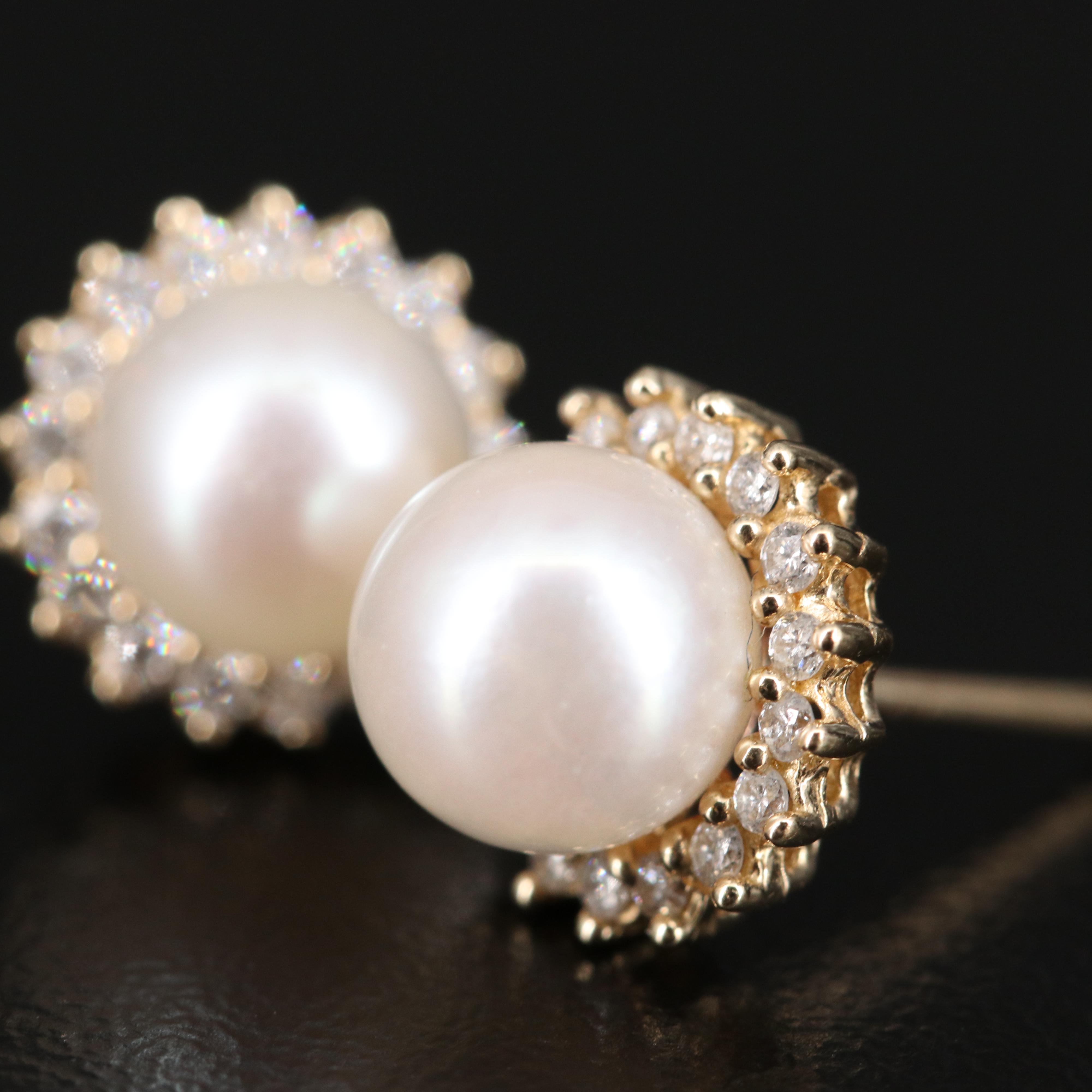 10K Pearl and Diamond Stud Earrings EBTH