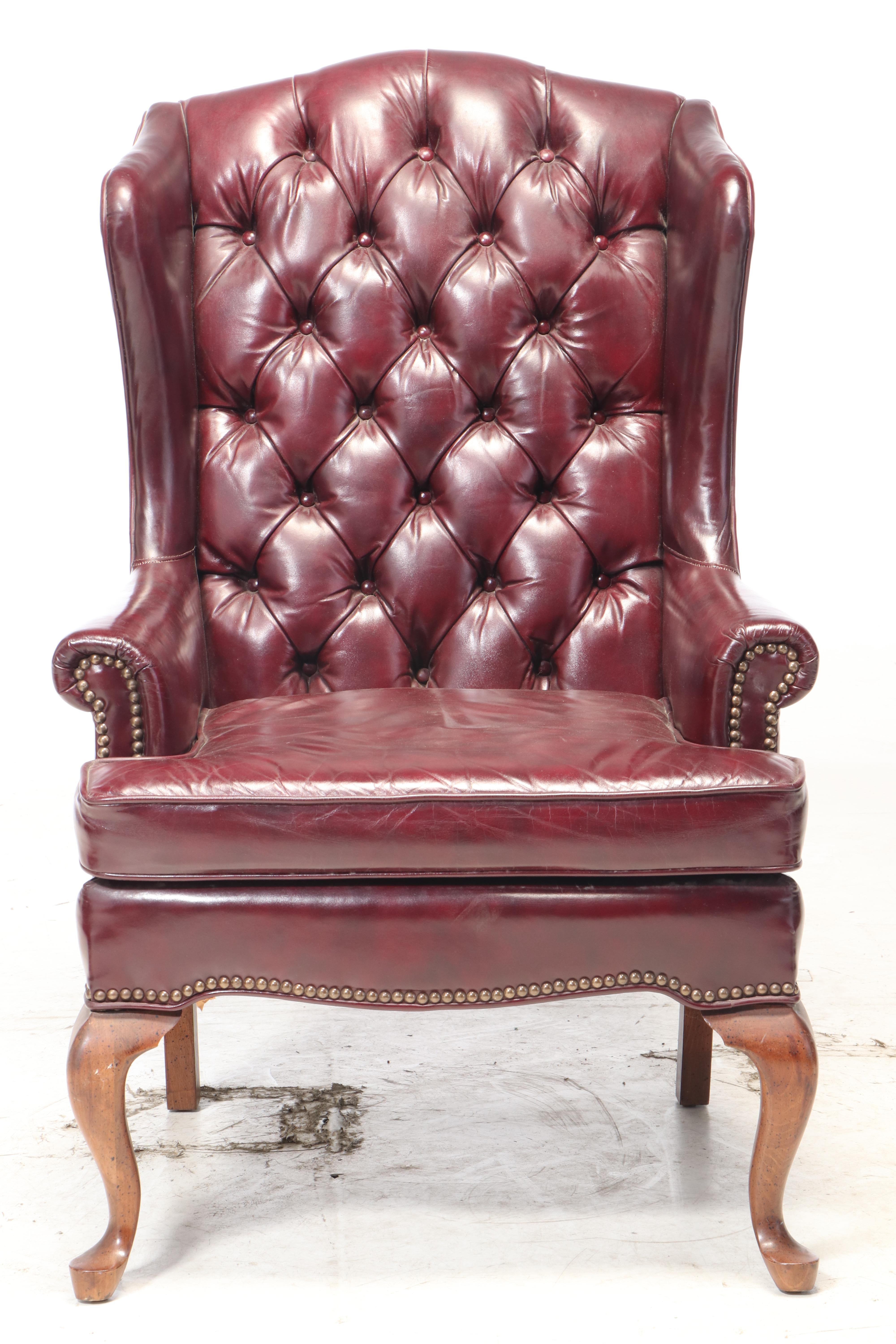 Fairfield Queen Anne Style Tufted Leather Wingback Chair and Ottoman EBTH