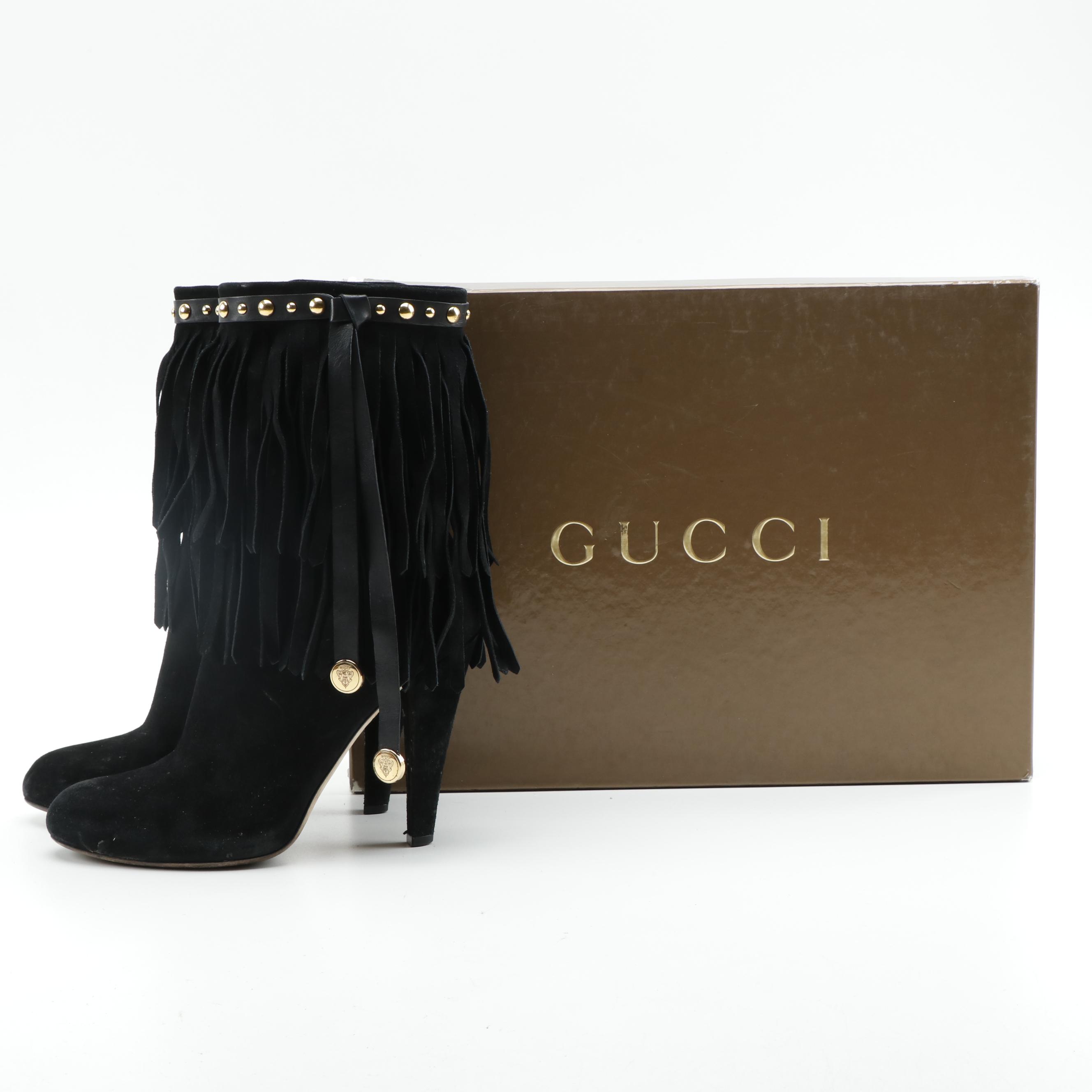 Gucci Devendra Fringe Black Suede MidCalf Boots EBTH