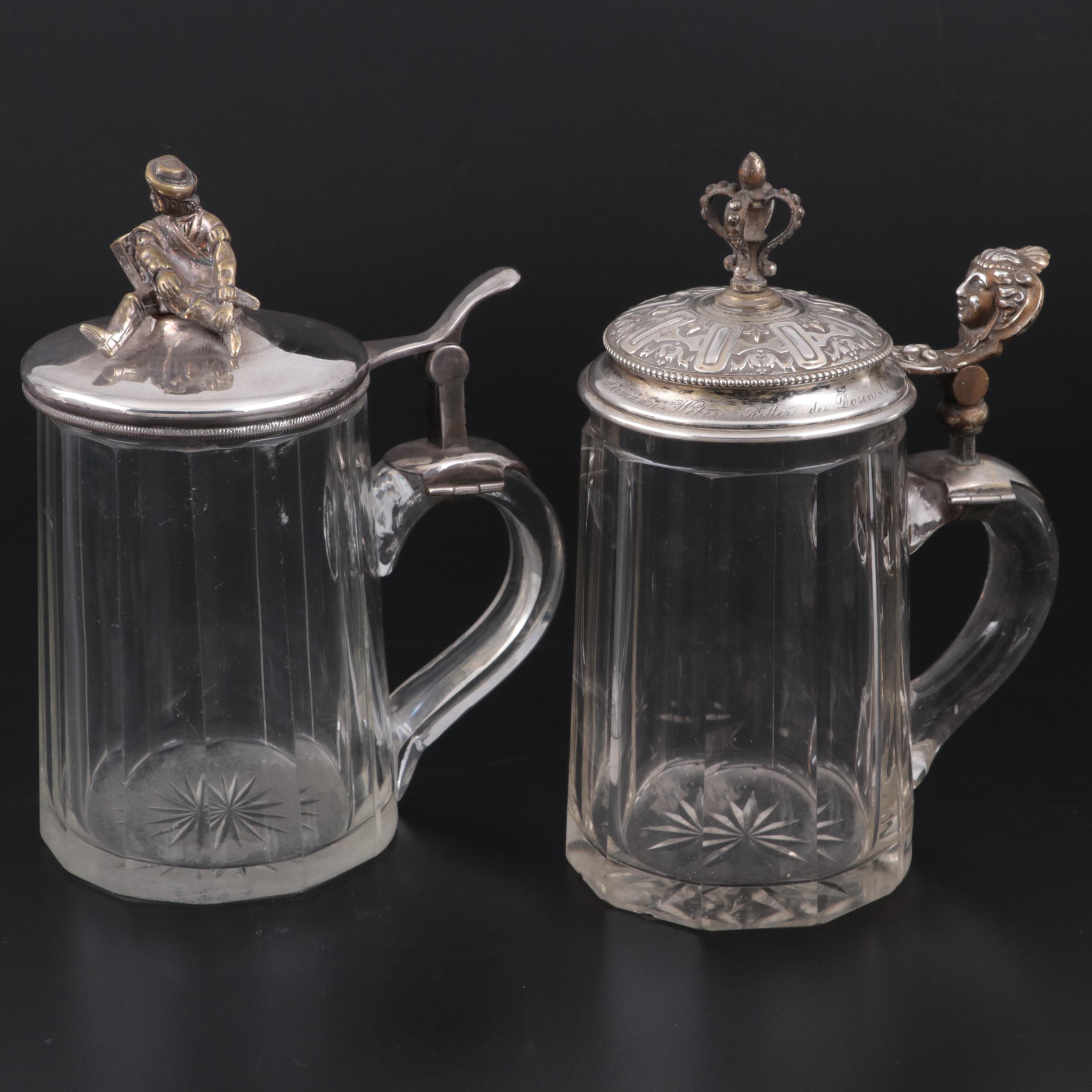 German Commemorative Glass Beer Steins with 800 and Silver Plate Lids