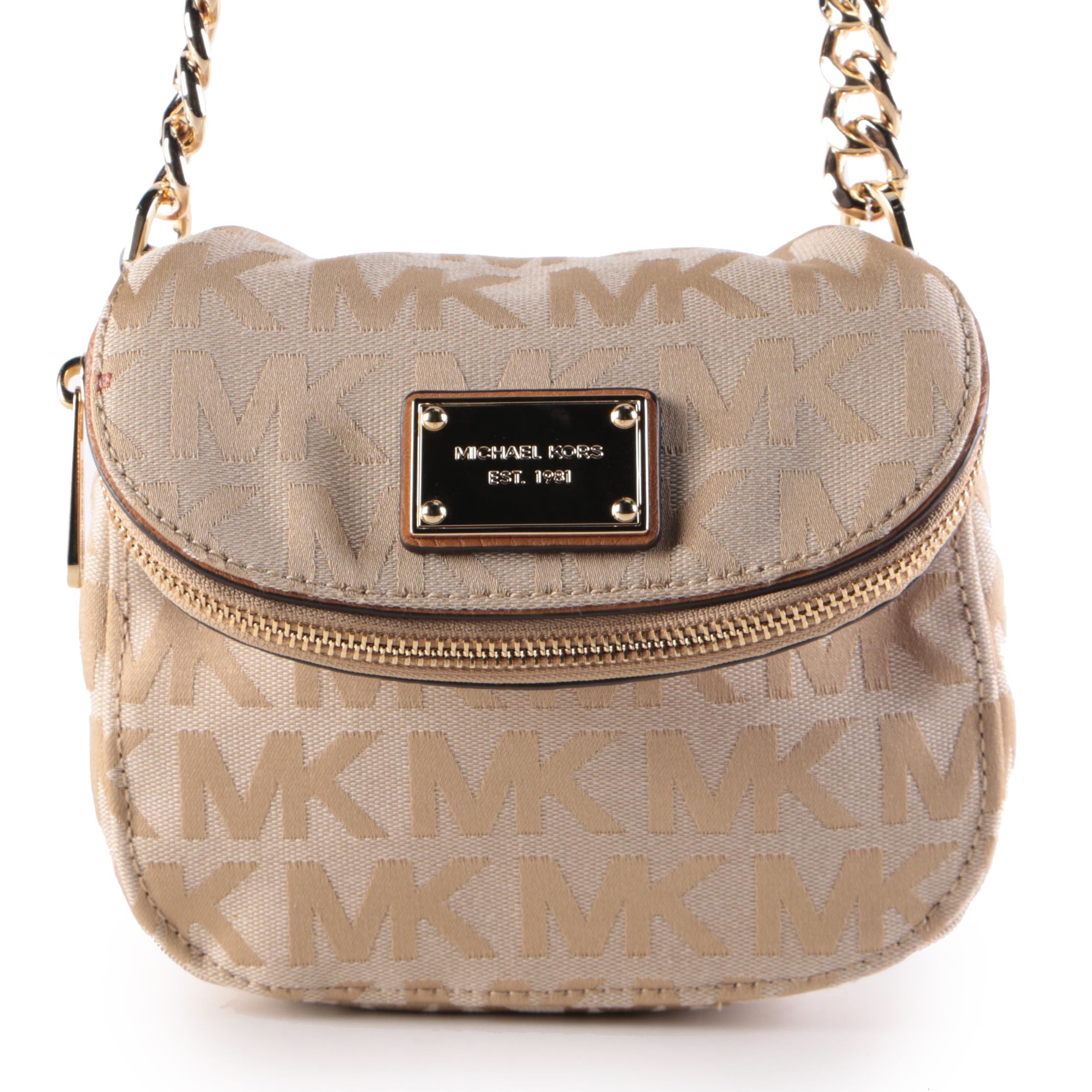 MICHAEL Michael Kors Beige Fabric Crossbody Bag with Leather Chain Link Strap EBTH