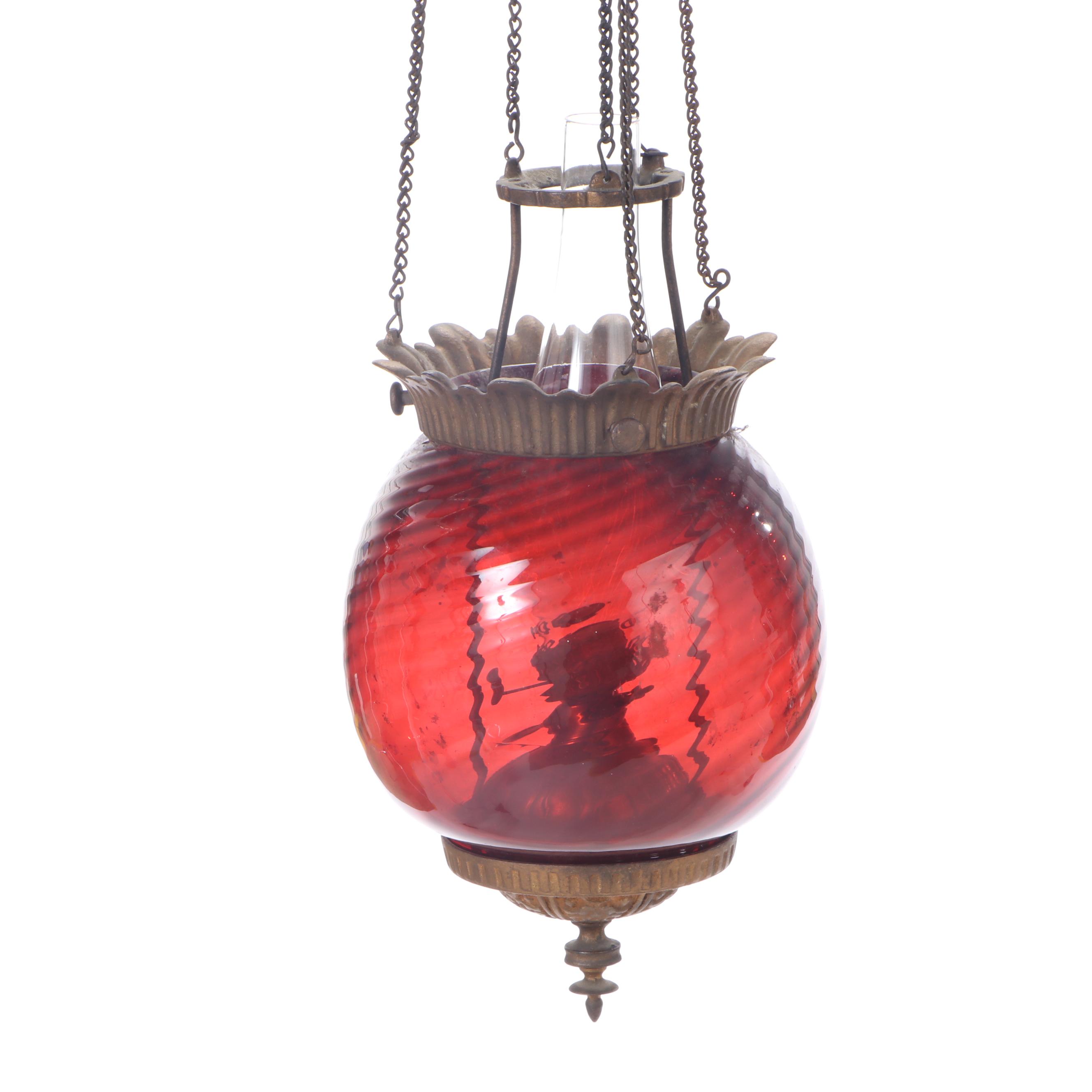 Cranberry Glass Brass Mounted Pendant Light and Hanging Kerosene Oil