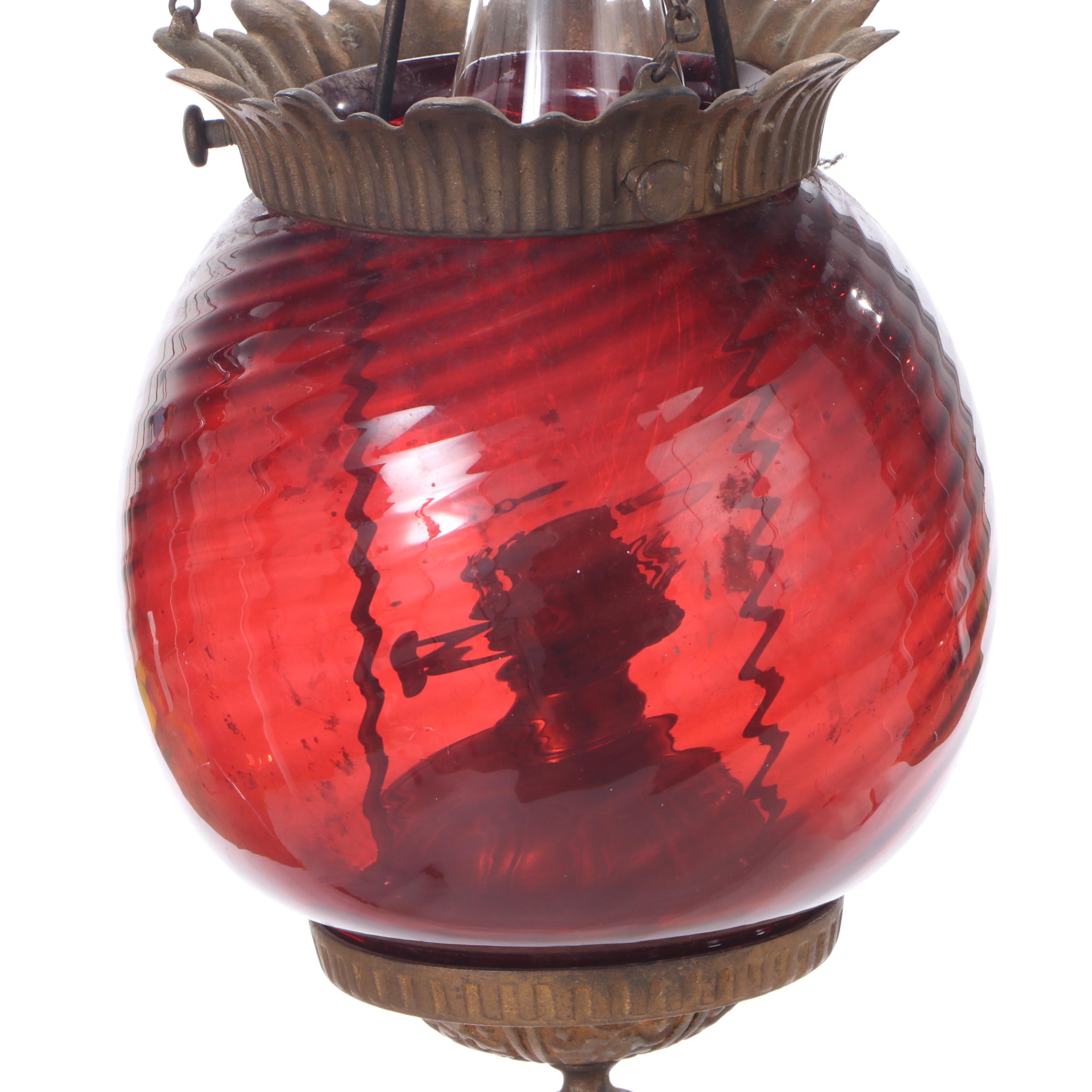 Cranberry Glass Brass Mounted Pendant Light and Hanging Kerosene Oil