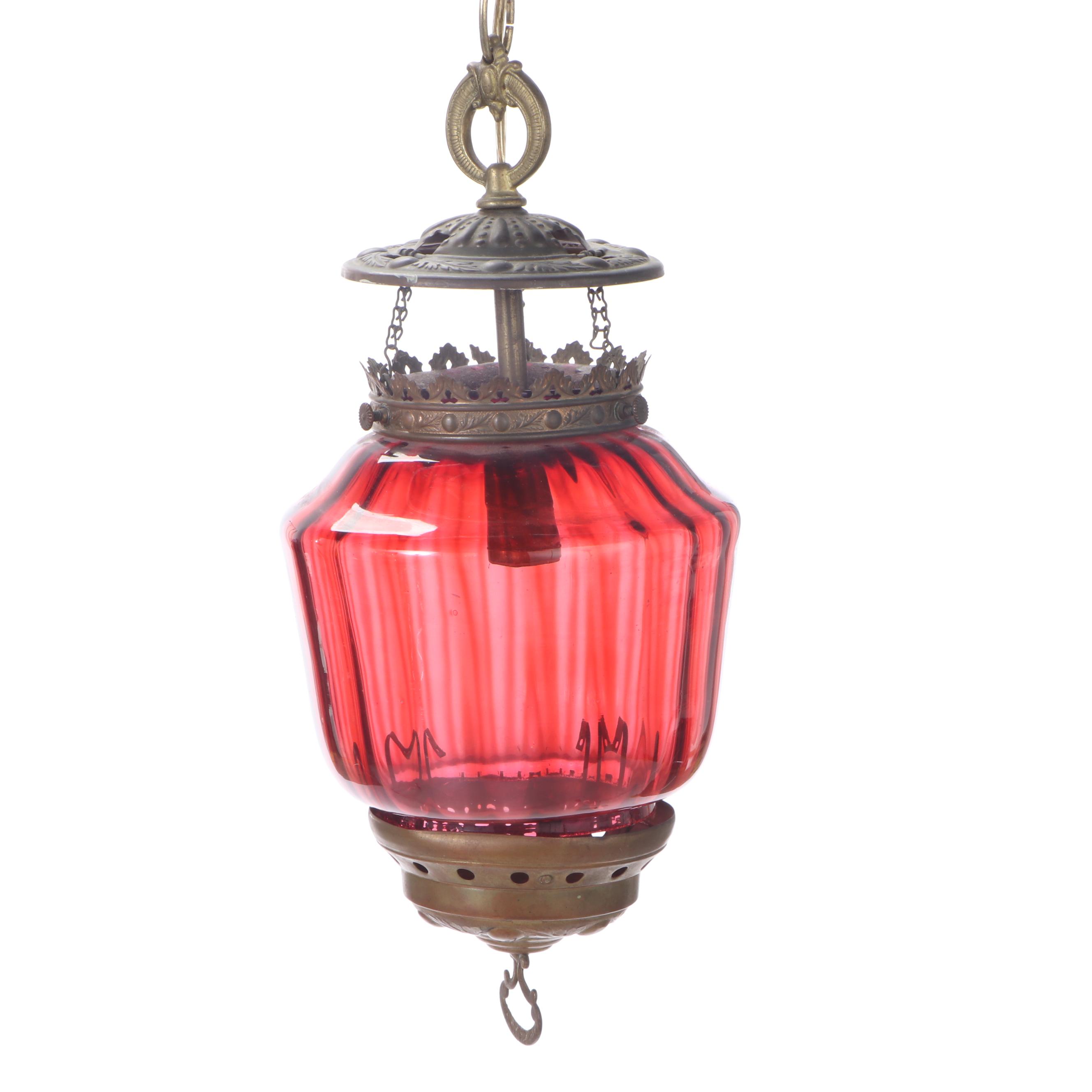 Cranberry Glass Brass Mounted Pendant Light and Hanging Kerosene Oil