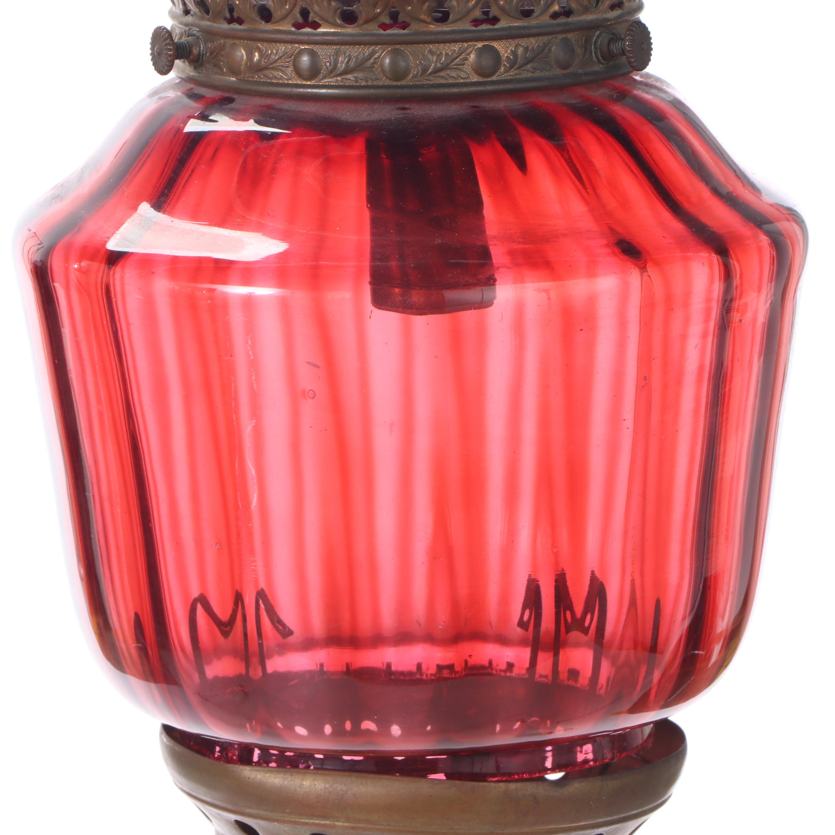 Cranberry Glass Brass Mounted Pendant Light and Hanging Kerosene Oil
